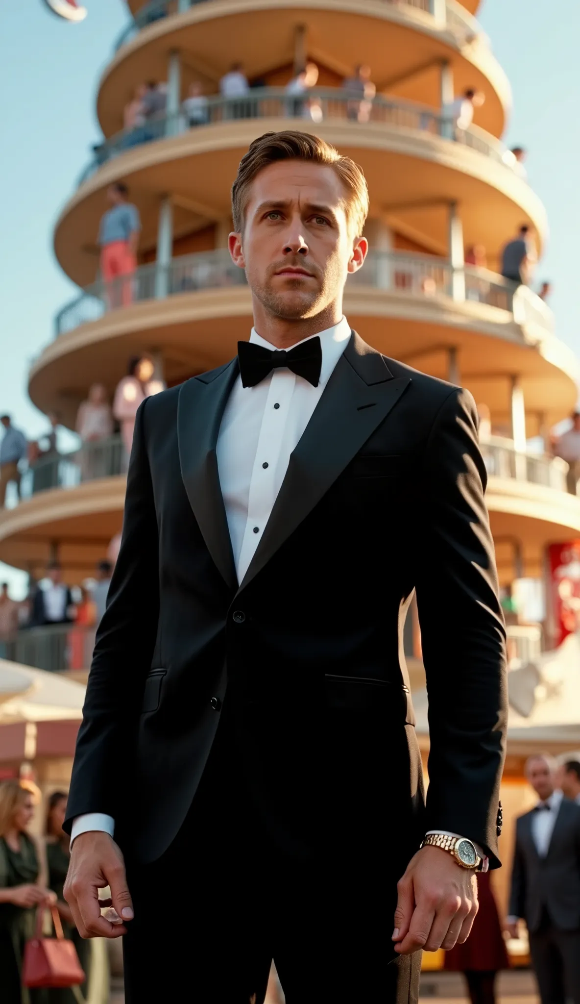 Ryan Gosling in a black tuxedo in very high quality with a Rolex watch in the background of the mega-realistic pizza tower with lots of shine and people 
 