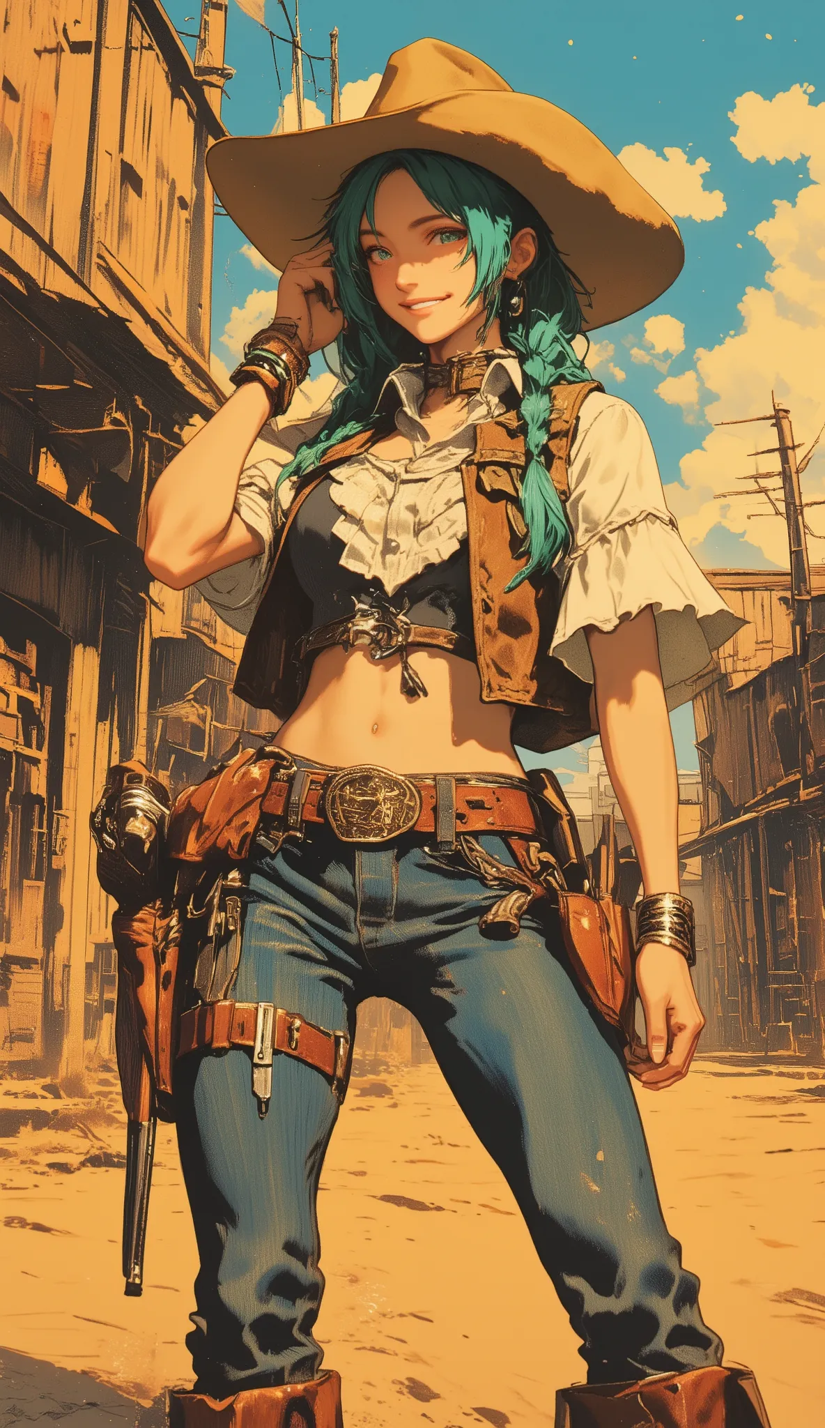 Hatsune Miku in a vibrant cowgirl outfit, wearing a tall tan ten-gallon hat, frilled white shirt, denim hot pants, high-heeled western boots, leather vest, and a belt with a holster carrying a revolver. Her long turquoise hair is in twin braids. She stands...