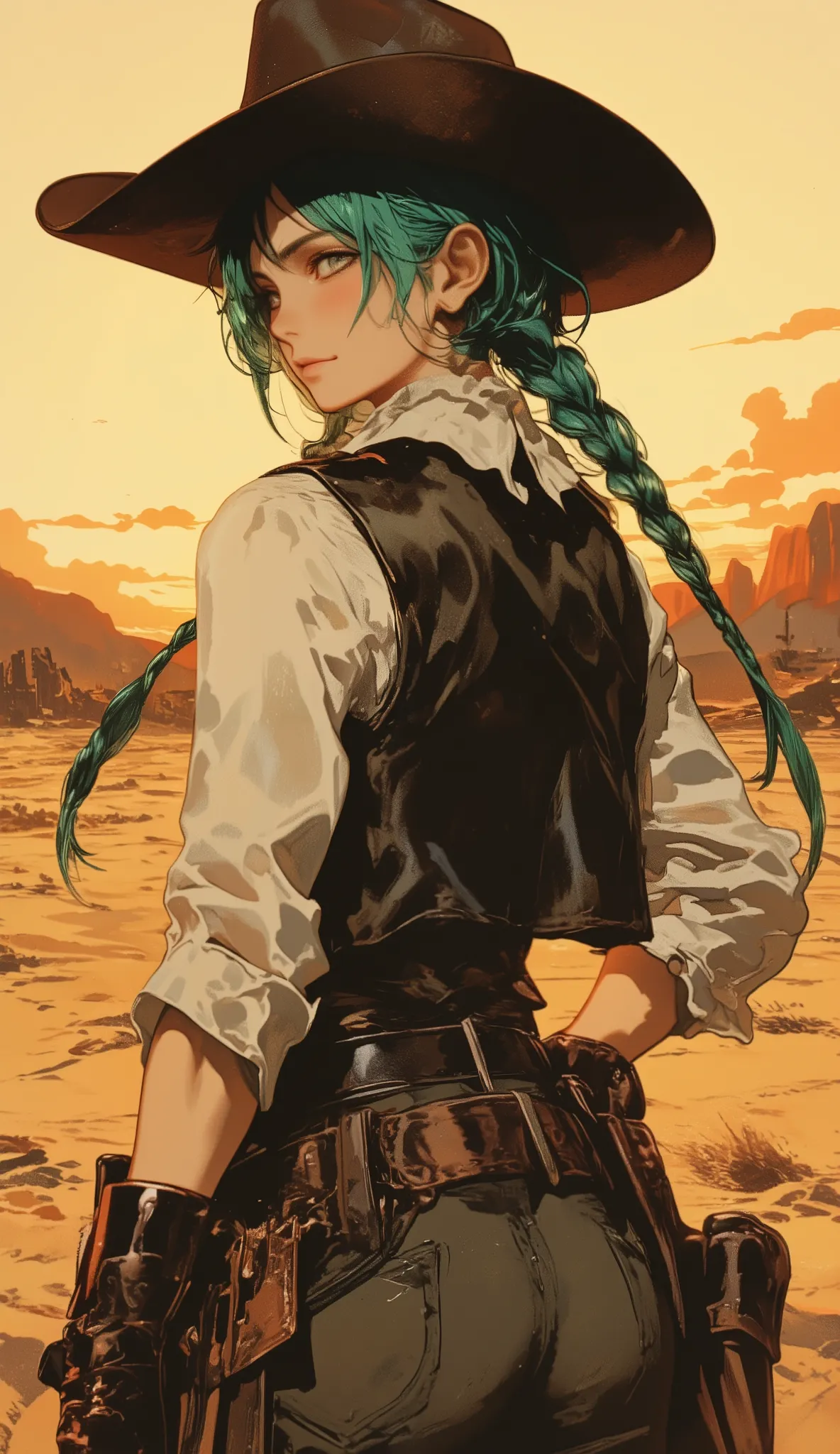 Hatsune Miku, back view, seen from behind, upper body, cowgirl outfit, ten-gallon hat, frilled white blouse, leather vest, turquoise hair in long twin braids down to waist, looking over shoulder, confident smirk, bold and energetic personality, standing in...