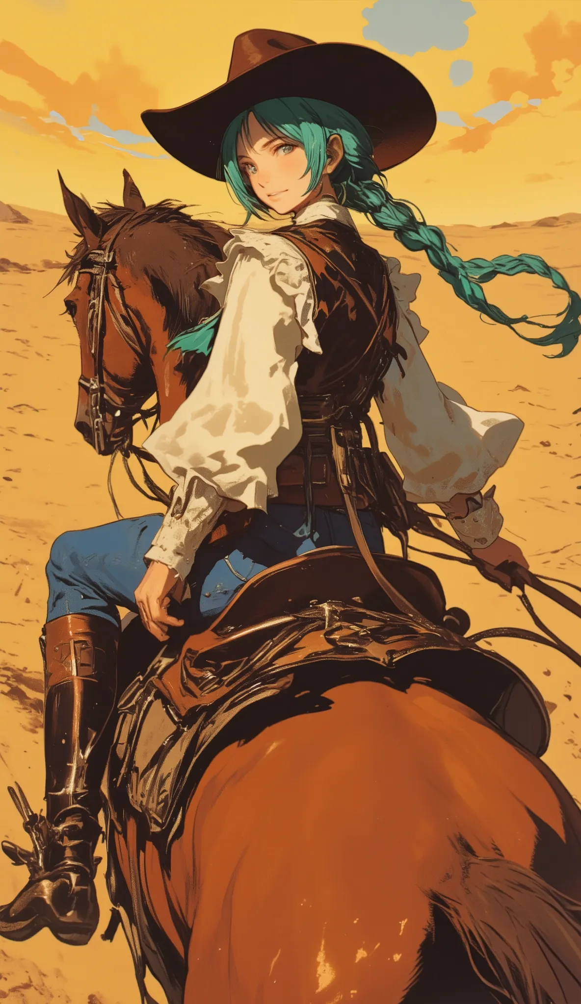 Hatsune Miku, riding a horse, angled side-back view, three-quarter rear view, cowgirl outfit, ten-gallon hat, frilled white blouse, denim hot pants, leather vest, gun holster belt, turquoise hair in long twin braids down to waist, looking over shoulder wit...
