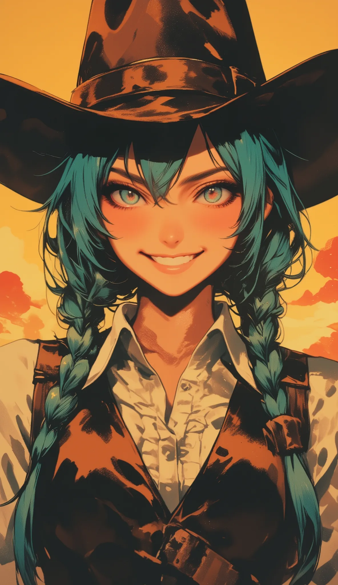 Hatsune Miku, front view, close-up portrait, face-focused, confident smirk, bold and energetic expression, cowgirl outfit, ten-gallon hat with shadow on forehead, turquoise hair in long twin braids, frilled white blouse, leather vest, gun holster strap bar...