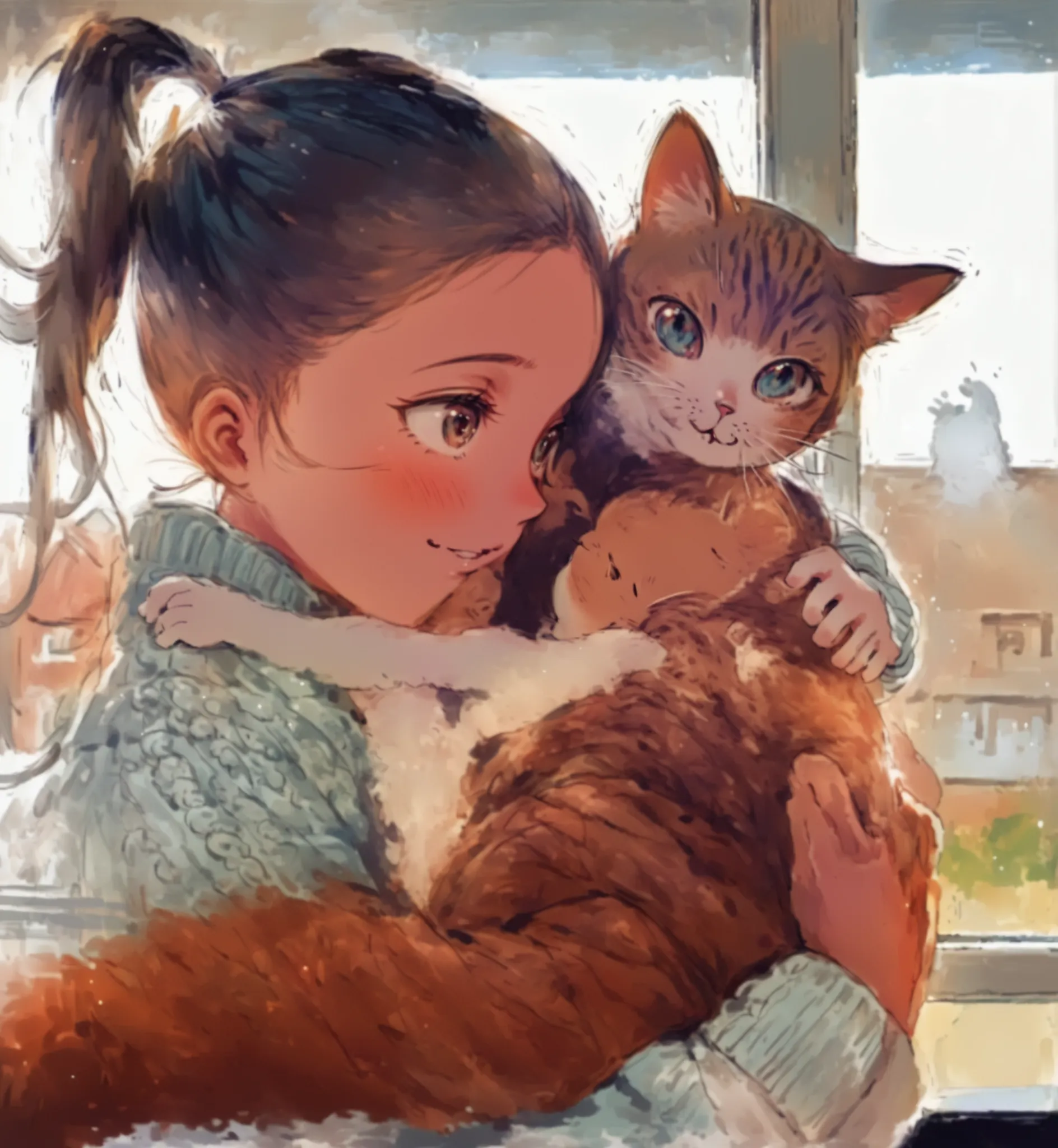 A tender and emotionally rich scene unfolds indoors as a young girl with neatly tied pigtails, dressed in a cozy light teal knit sweater, cradles a ginger-and-white tabby cat in her arms. Her rosy cheeks and bright, affectionate eyes beam with pure joy as ...