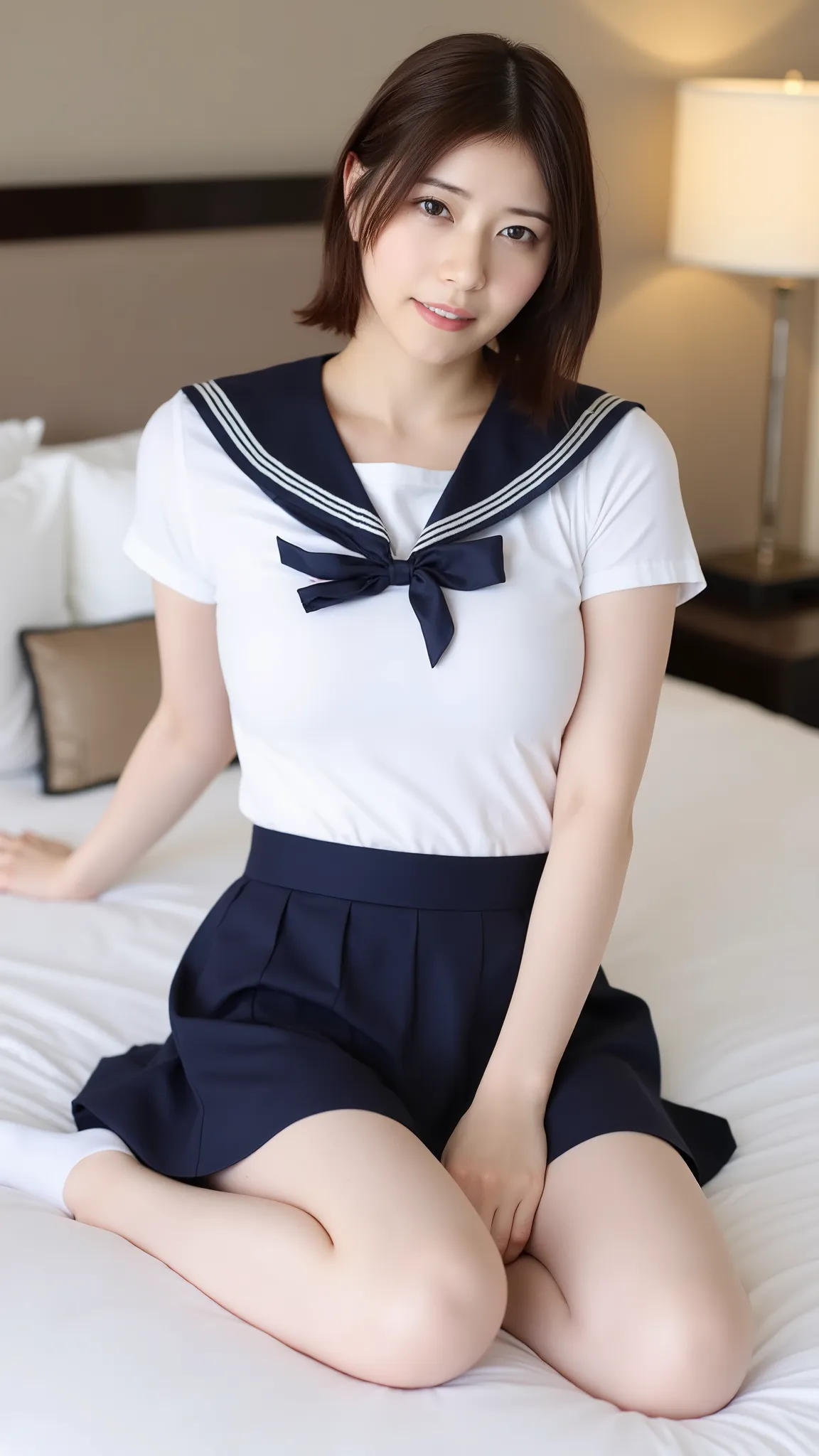 (Masterpiece, Best quality:1.4), (Ultra realistic, Photo-realistic:1.3), nsfw, ((Wearing Sailor suit, White short sleeve:1.3)), (Dark navy pleated skirt:1.2), (Wearing white sock), (small breasts), Natural light, 20 years old actor, Japanese woman named ri...