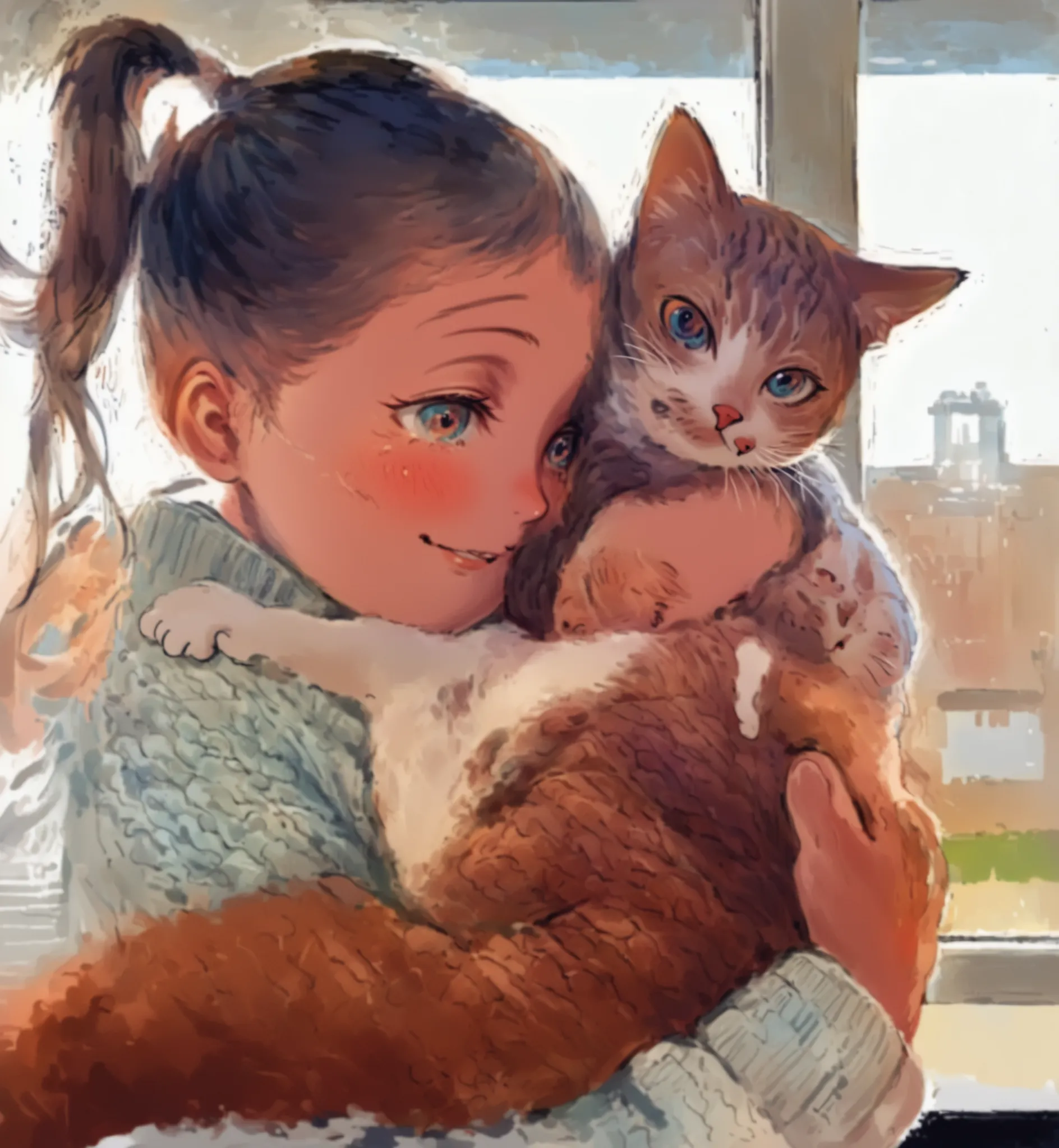 A tender and emotionally rich scene unfolds indoors as a young girl with neatly tied pigtails, dressed in a cozy light teal knit sweater, cradles a ginger-and-white tabby cat in her arms. Her rosy cheeks and bright, affectionate eyes beam with pure joy as ...