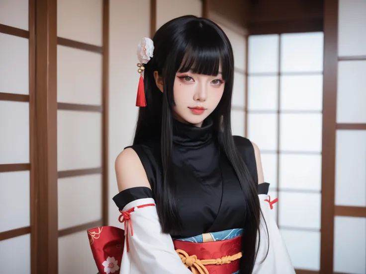 1girl,solo,long black hair,mole under eye,black gloves,japanese clothes,turtleneck,detached sleeves,pleated skirt,obi,sash,ribbon trim,blunt bangs,