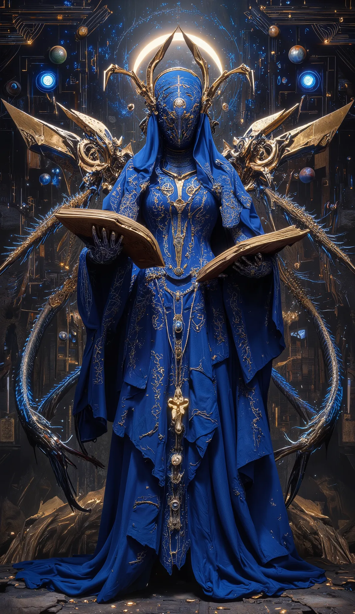 Surreal Painting,  An extravagant, mysterious female figure dressed in intricately embroidered cobalt blue medieval clothing that fits her form perfectly , A jeweled rosary necklace with a large crucifix rests on her shoulder,Allusions to a historical or r...