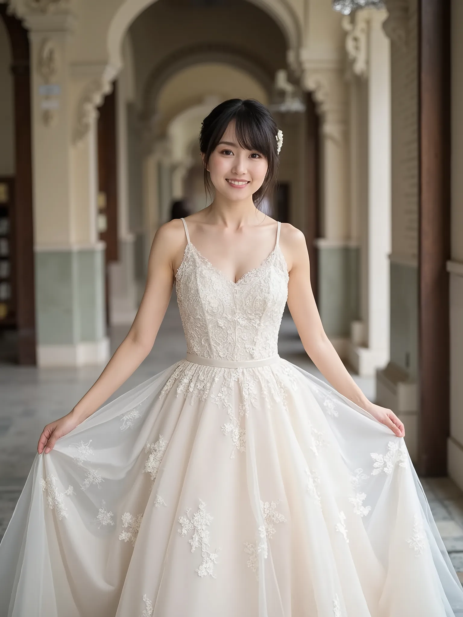 (highest image quality、desktop、8k、Best Image Quality、Award-winning works)、 A Beautiful Bride 、( Luxurious perfect floral lace wedding dress :1.3)、(Luxurious Wedding Headpieces:1.3)、(Heart-shaped necklace )、(Triangle Ornament Earrings )、(Gentle Smile)、( C...