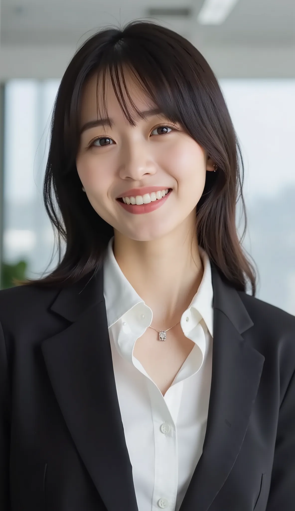 Neat Young Woman、and look at the camera、office lady suit、jacket、shirt、necklace、ear piercing、、smile showing teeth、背景はオフィス

