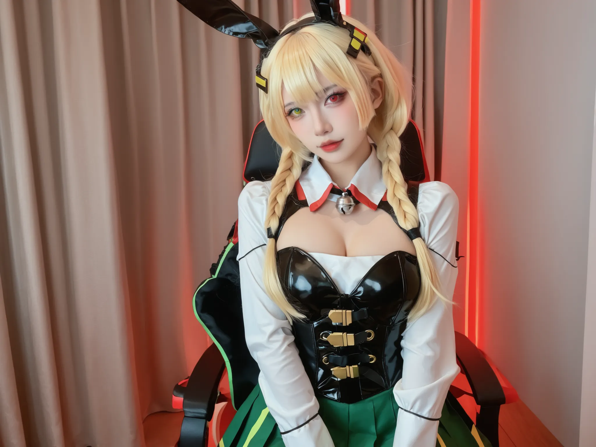 A-T-x,1girl,breasts,red eyes,yellow eyes,heterochromia,(blonde hair),thin hair,braid hide inside hair,bangs,small ears,(rabbit tail),(white bell),(spread low-puffy medium twintails),hair ornament,(low-red huge tied hair ornament),(white shirt),(short white...