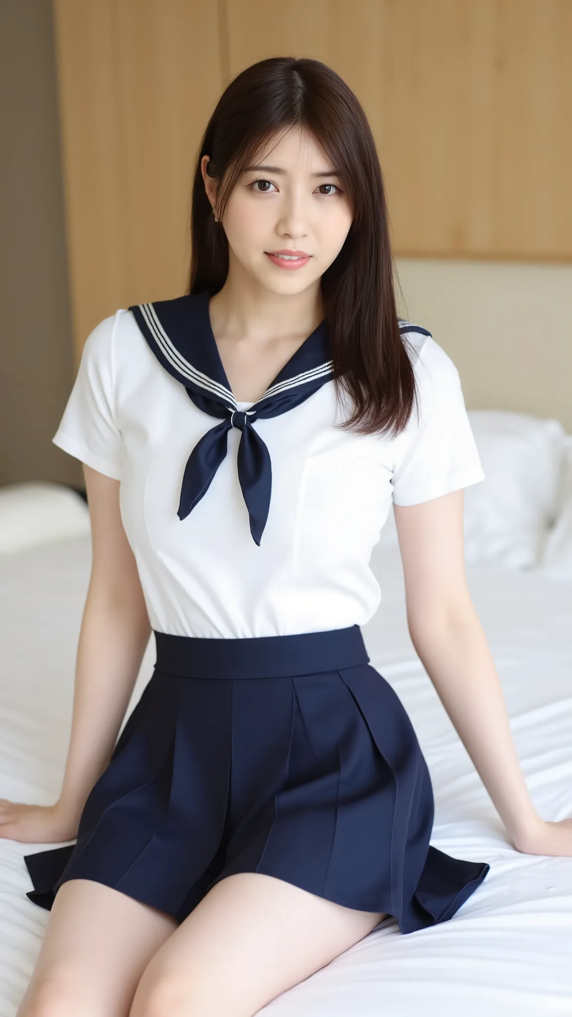(Masterpiece, Best quality:1.4), (Ultra realistic, Photo-realistic:1.3), nsfw, ((Wearing Sailor suit, White short sleeve:1.3)), (Dark navy pleated skirt:1.2), (Wearing white sock), (small breasts), Natural light, 20 years old actor, Japanese woman named ri...