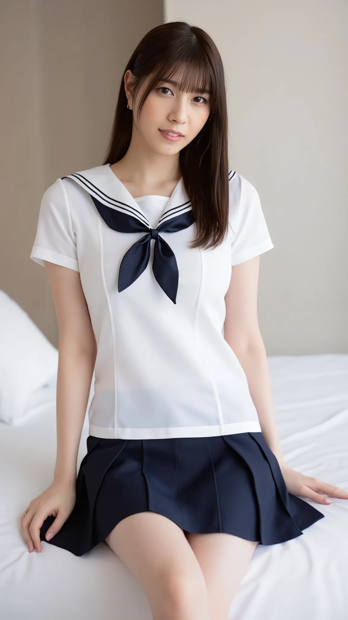 (Masterpiece, Best quality:1.4), (Ultra realistic, Photo-realistic:1.3), nsfw, ((Wearing Sailor suit, White short sleeve:1.3)), (Dark navy pleated skirt:1.2), (Wearing white sock), (small breasts), Natural light, 20 years old actor, Japanese woman named ri...