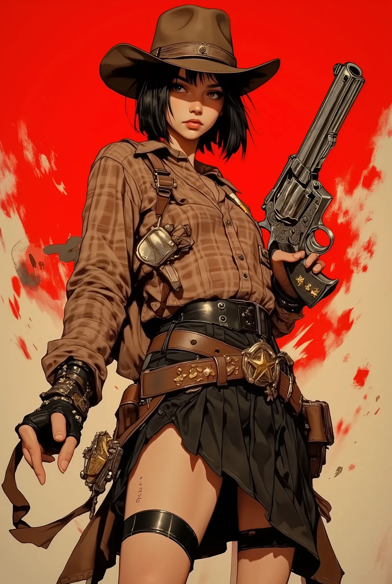 SRC, Cinematic Style, is a highly detailed digital illustration that combines anime and Western art styles, depicting an energetic young cowboy woman with fair skin, a petite but athletic build, and an elegant black bob haircut with straight bangs. A brown...