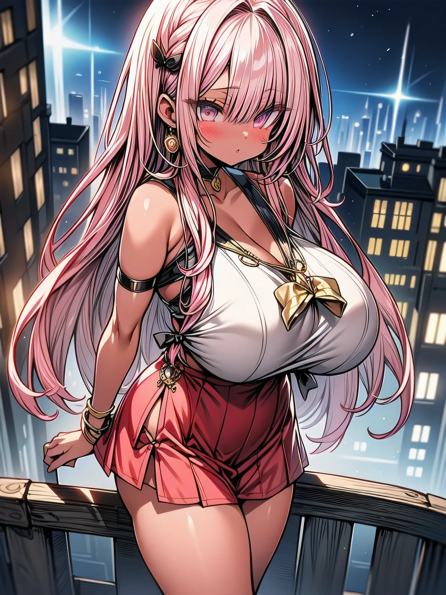 ((top quality)), ((masterpiece)),  (huge sagging breasts:1.38),thick legs,Patterned clothing.Magical Girl,pink hair.(dark skin:1.25). magic wand. cowboy shot. in the city,