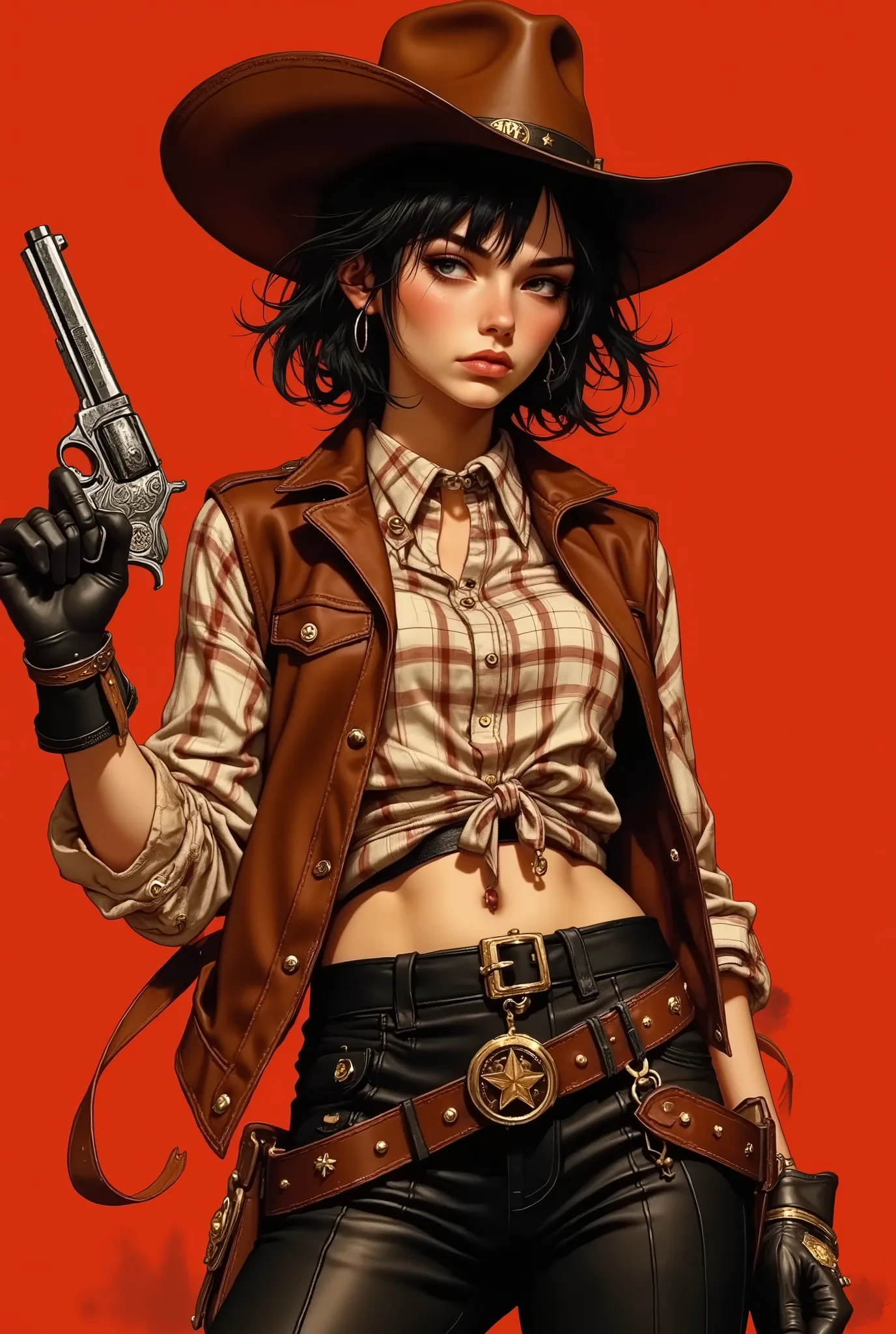 SRC, Cinematic Style, is a highly detailed digital illustration that combines anime and Western art styles, depicting an energetic young cowboy woman with fair skin, a petite but athletic build, and an elegant black bob haircut with straight bangs. A brown...