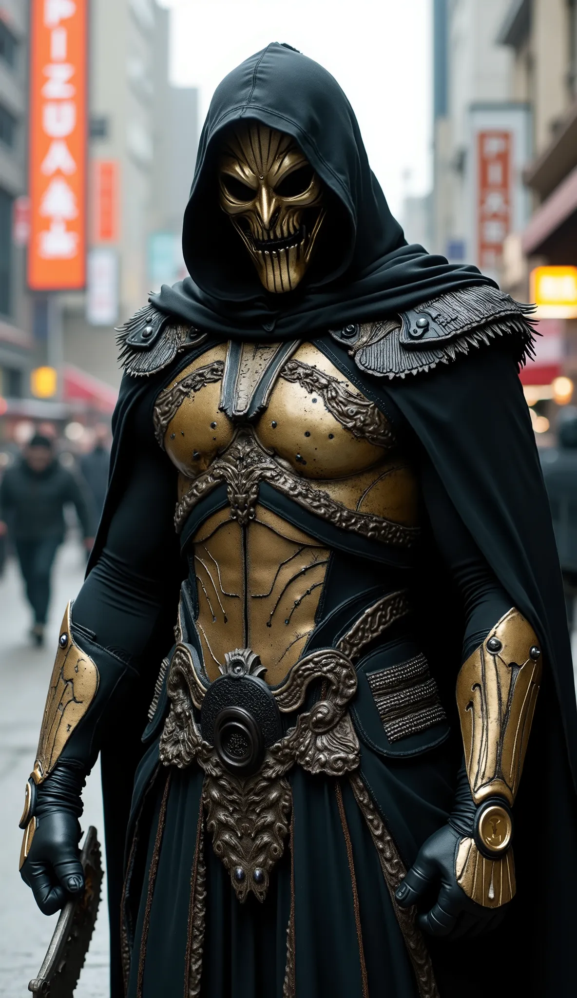 Ryan Gosling from ours Saiob Saibot Metal mask with aggressive gold and black, covering the entire face, with pointed and threatening details.

Deep black hoodie, combined with a short cape with sturdy and prickly shoulder pads, conferring grandeur and mys...