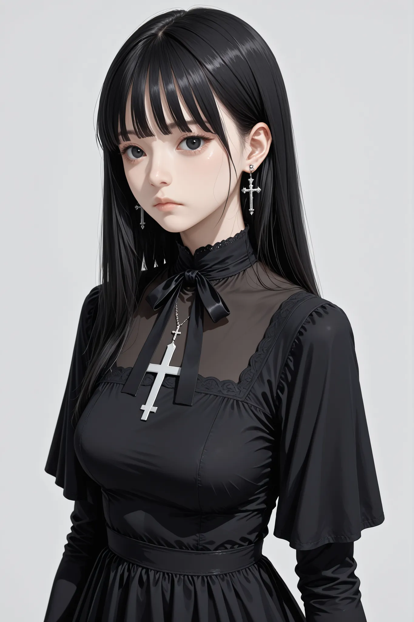 1 girl, alone, black hairblack, long hair, jewelry, plain background, earrings, looking at viewer, closed mouth, crossed earrings, gray background, bangs, upper body, black dress, cross, dress, ribbon, black eyes, black ribbon, white background, expression...