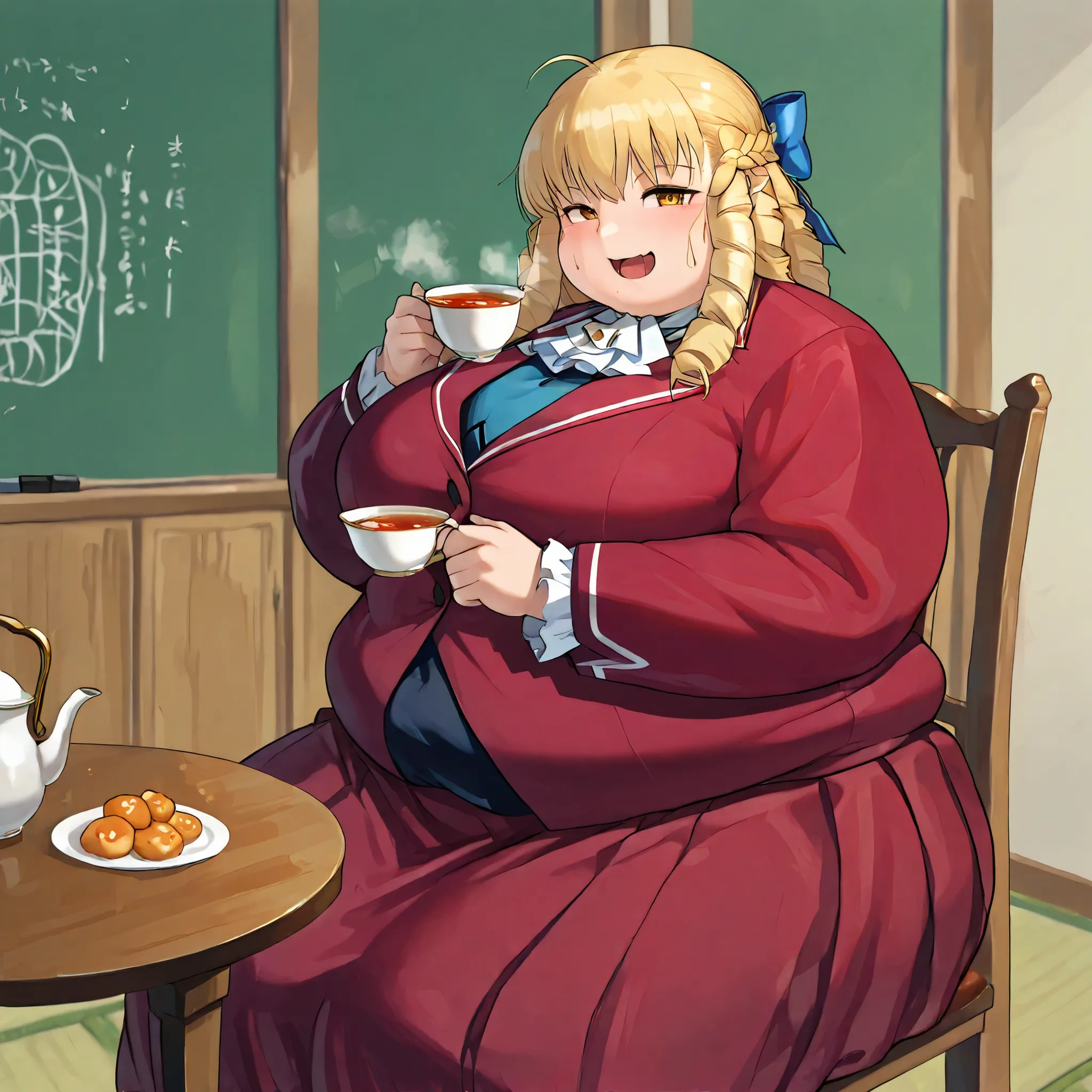 score_9, score_8_up, score_7_up, best background, detailed background, 4k, upscale, anime_source,  Kanzuki Karin, Main Outfit, solo, looking at viewer, smile, holding, closed mouth, sitting, food, cup, chair, table, holding cup, teacup, on chair, tea, hair...