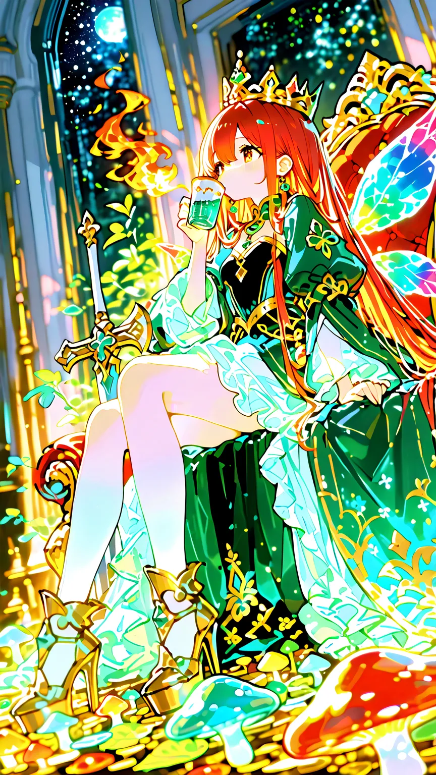 (masterpiece, best quality, ultra-detailed),
a grand gathering of anthropomorphic ant royalty in a sunlit palace garden made of giant, bioluminescent mushrooms and crystals.
In the center, a majestic (queen ant) sitting on a throne of amber, wearing an elegant, flowing gown made of iridescent beetle wings, her abdomen is large and regal, adorned with gold filigree.
Surrounding her are:
a fierce (fire ant) duchess with fiery red hair, wearing sharp, angular plate armor styled like a formal dress.
A slender and graceful (weaver ant) lady-in-waiting, her dress is woven from giant green leaves and silk.
A sturdy and stoic (leafcutter ant) royal guard, carrying a massive piece of sharpened jade like a halberd.
A tiny, mischievous (sugar ant) princess, trying to sneak a giant dewdrop-crystal of sugar.
They are all engaged in a sophisticated tea party, drinking nectar from tiny acorn cups.
macro photography perspective, intricate details, soft, magical lighting, depth of field,