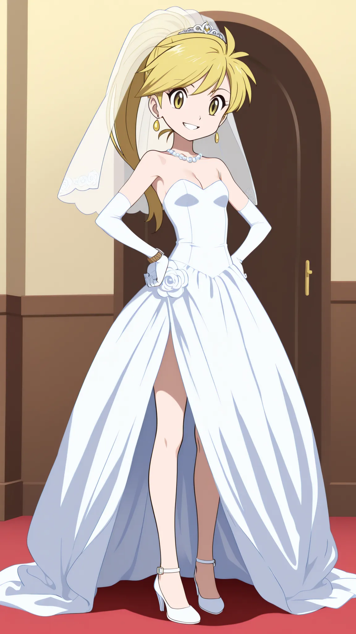 adult older sister, Tall,  small tits, Cleavage, jam one's hands on one's hips, slim sexy body that can be licked by mobs,  white prom dress, white wedding long gloves, white wedding veil, white high heels, ((top quality)), ((masterpiece)), ((details)), st...