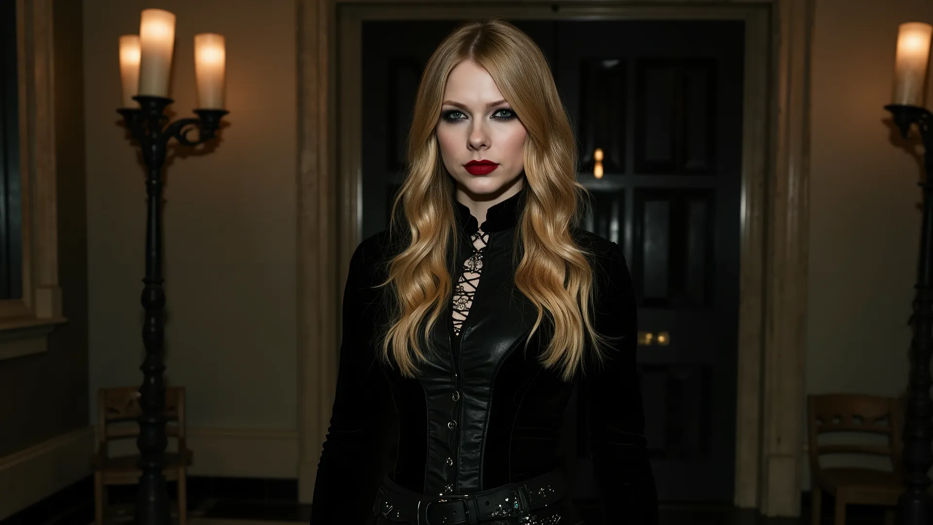 A waist-up portrait of Taylor Swift as a witch posing inside a gothic mansion. Taylor is dressed in a dark-colored gothic witch outfit that incorporates some bits of leather and lace. Taylor has lovely makeup on her face. Taylor wears red lipstick. Nightti...