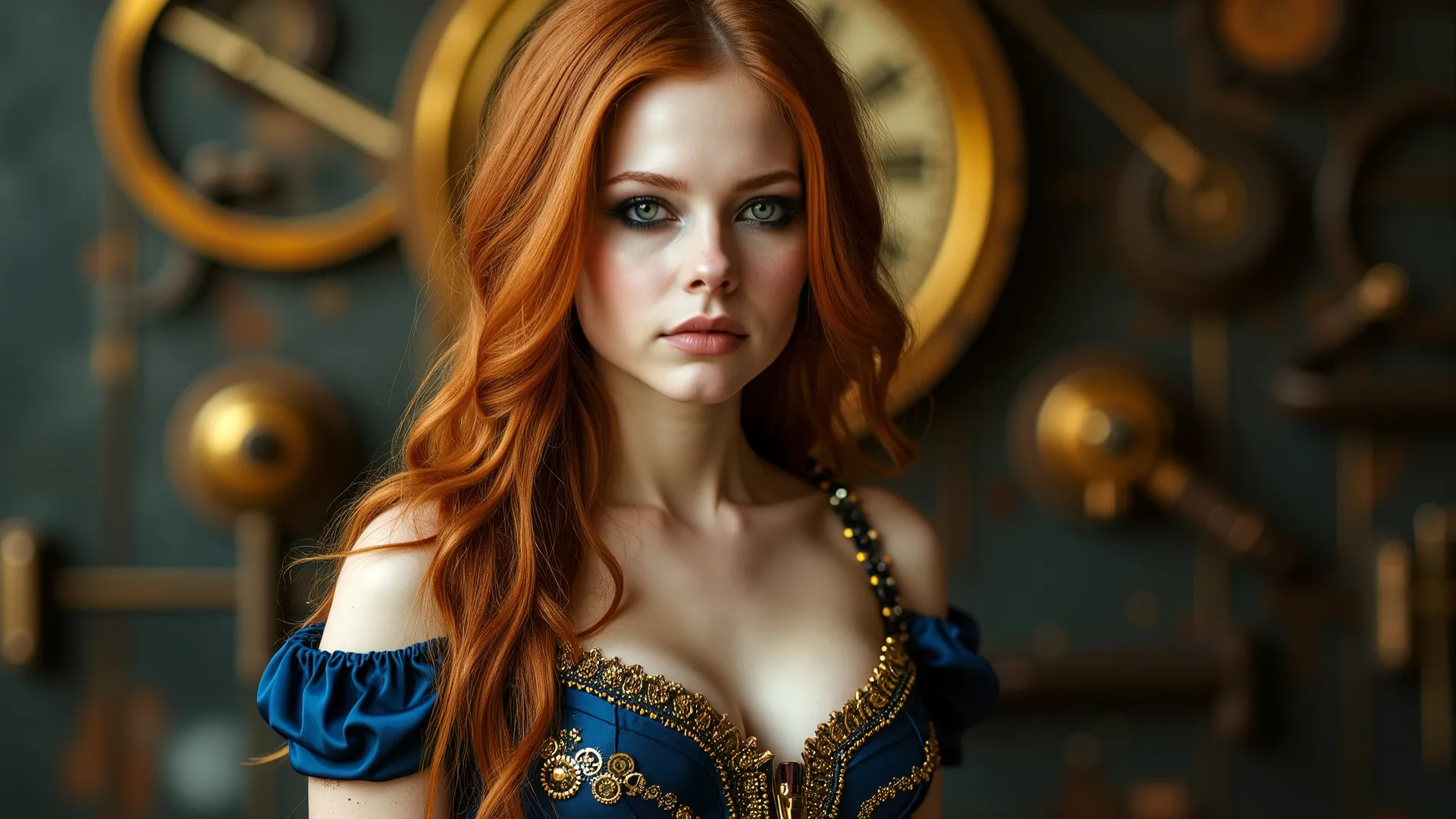 The scene depicts a stunning 21-year-old Russian girl standing confidently, captured in a photorealistic DSLR image from a distance of 3 meters. Her delicate Slavic features are accentuated by smokey eye makeup, with deep green eyes that draw attention. Th...