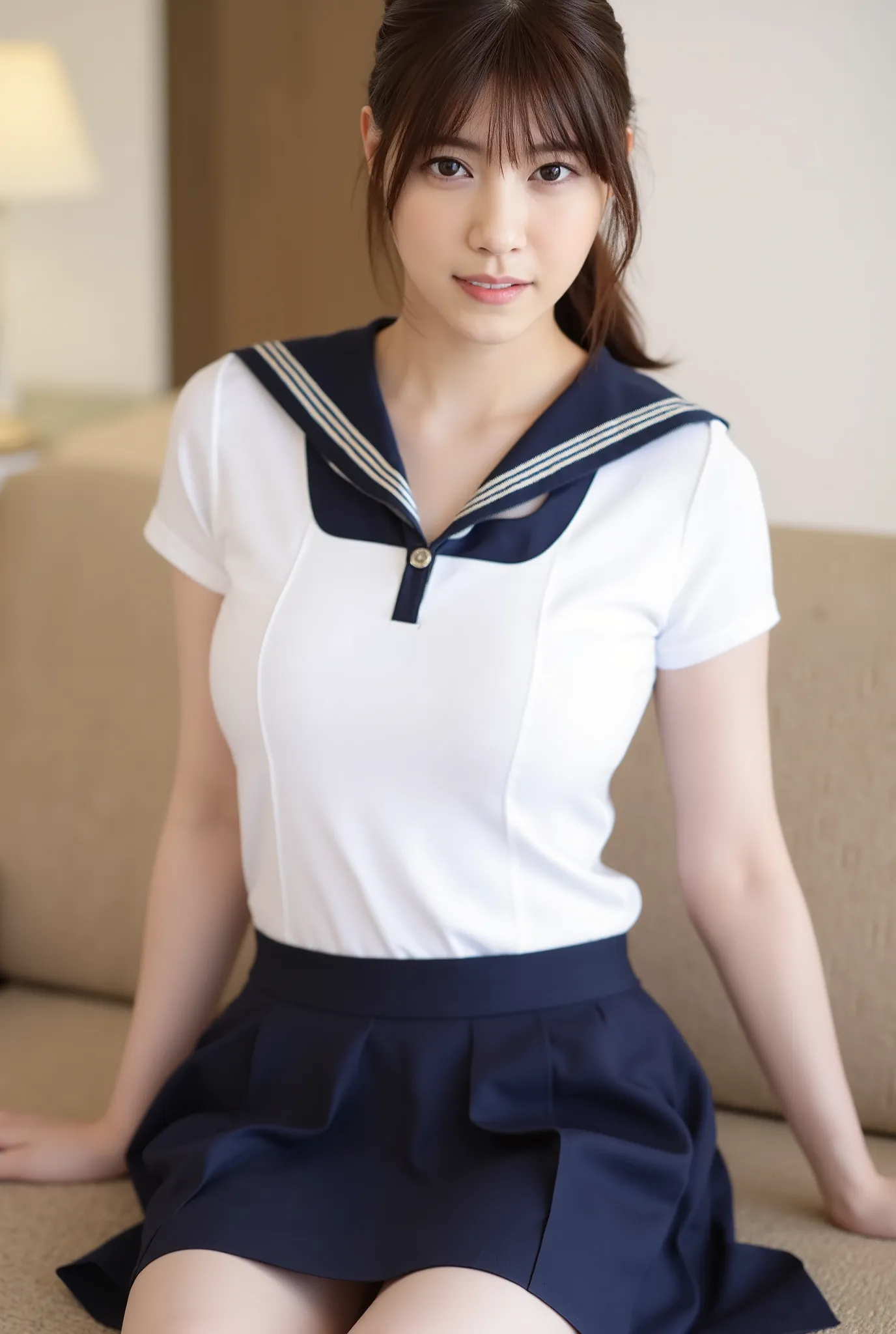 (Masterpiece, Best quality:1.4), (Ultra realistic, Photo-realistic:1.3), nsfw, ((Wearing Sailor suit, White short sleeve:1.3)), (Dark navy pleated skirt:1.2), (Wearing white sock), (small breasts), Natural light, 20 years old actor, Japanese woman named ri...