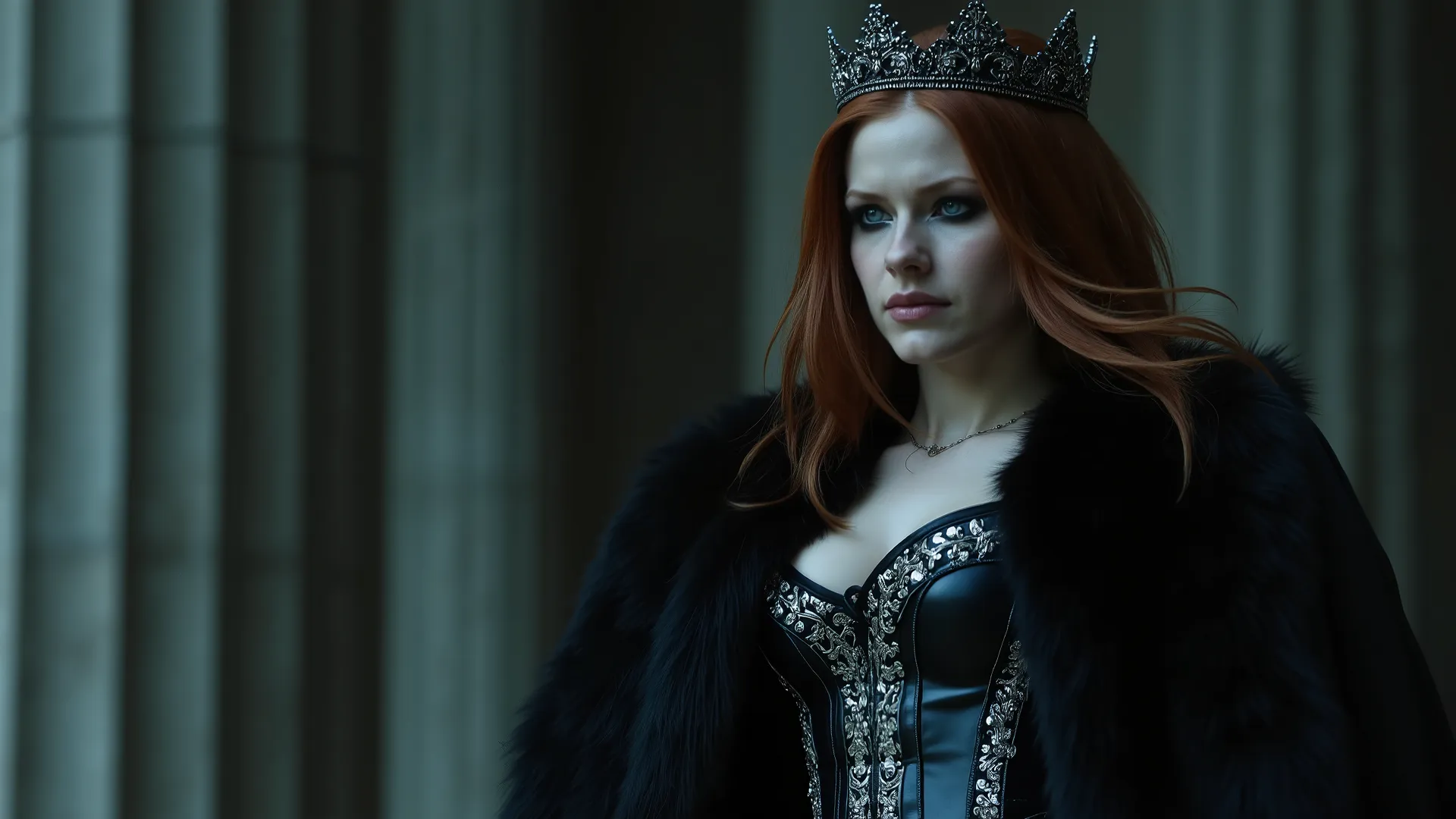 Alexandra Daddario as the gothic warrior queen stands victorious, her raven tresses loose beneath the black crown, fair skin contrasting with piercing blue eyes that burn with quiet intensity. Her red hair is worn loose beneath her black tiara. She wears a...