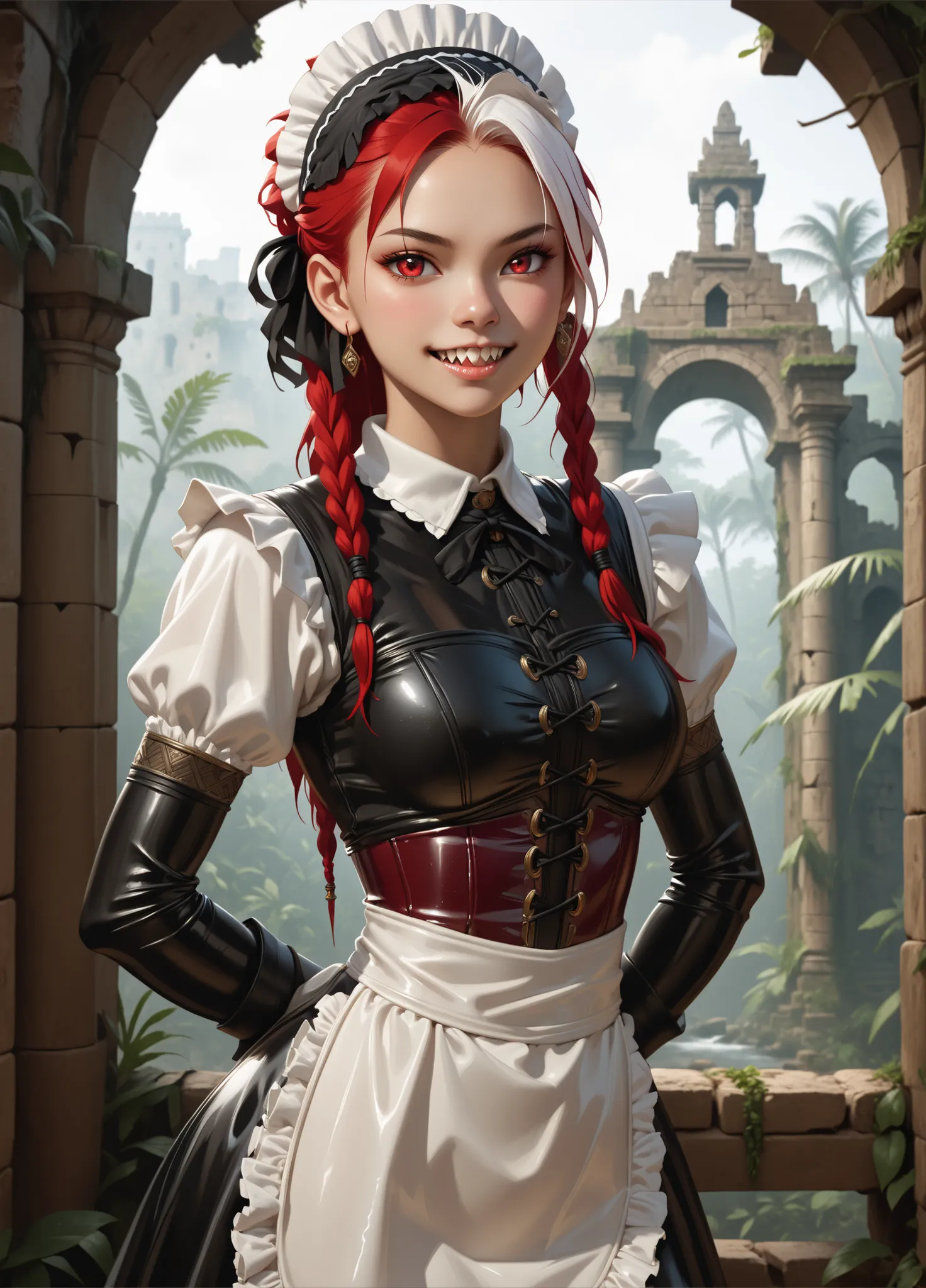Curious expression. Slender body. Lean body-type. Marble-White skin. Cute 18-year-old Aztec and Indonesian girl with big Asian red eyes and unnaturally sharp teeth and dreadlocks (white and red hair). Intense red eyes. Sharp and shark-like teeth. She has a...