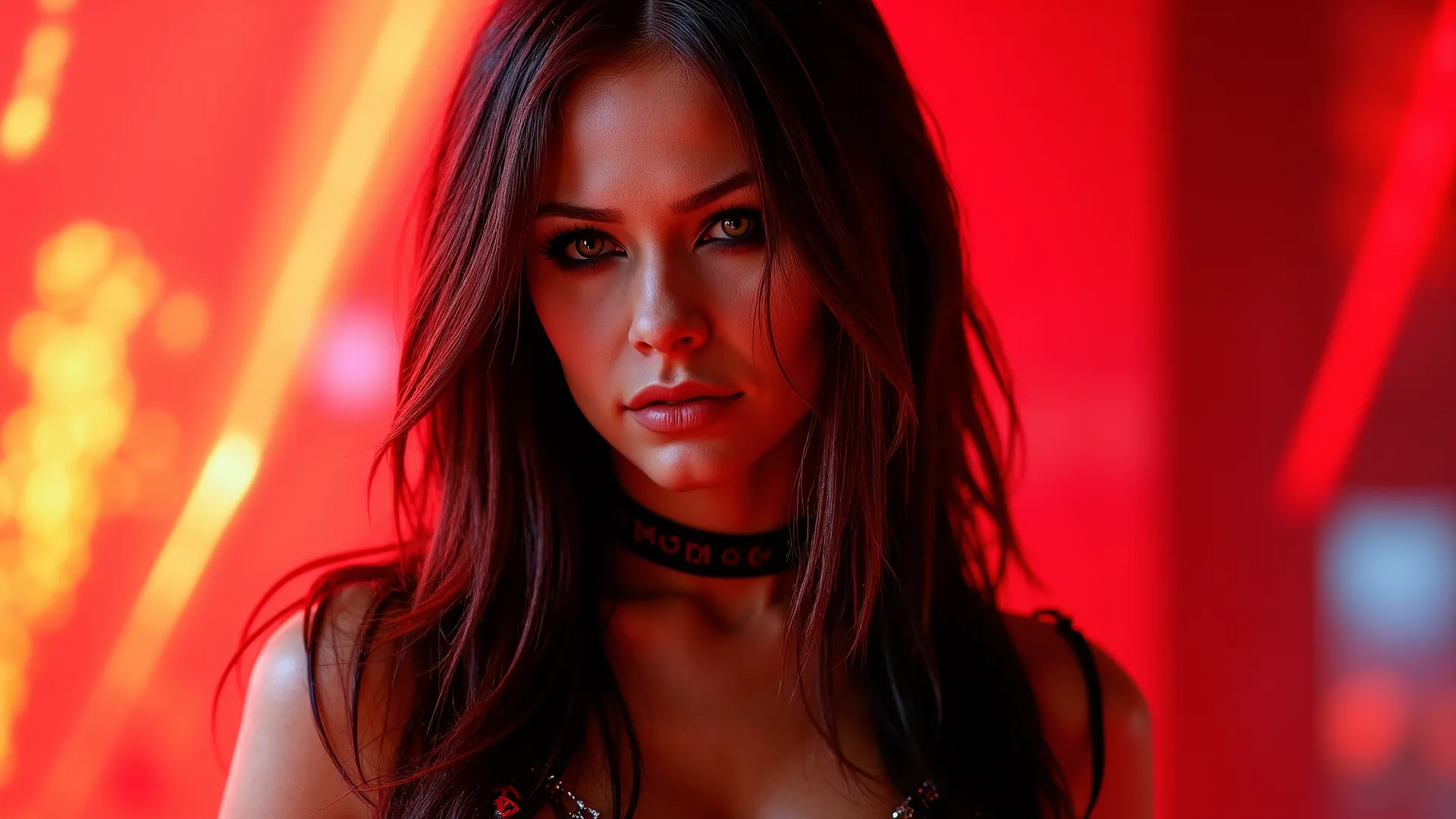 A daylight, Bloodrayne A mesmerizing and bold woman with cinematic flair, exuding confidence in glamorous outfits. electro music vibe, in a daylight,
