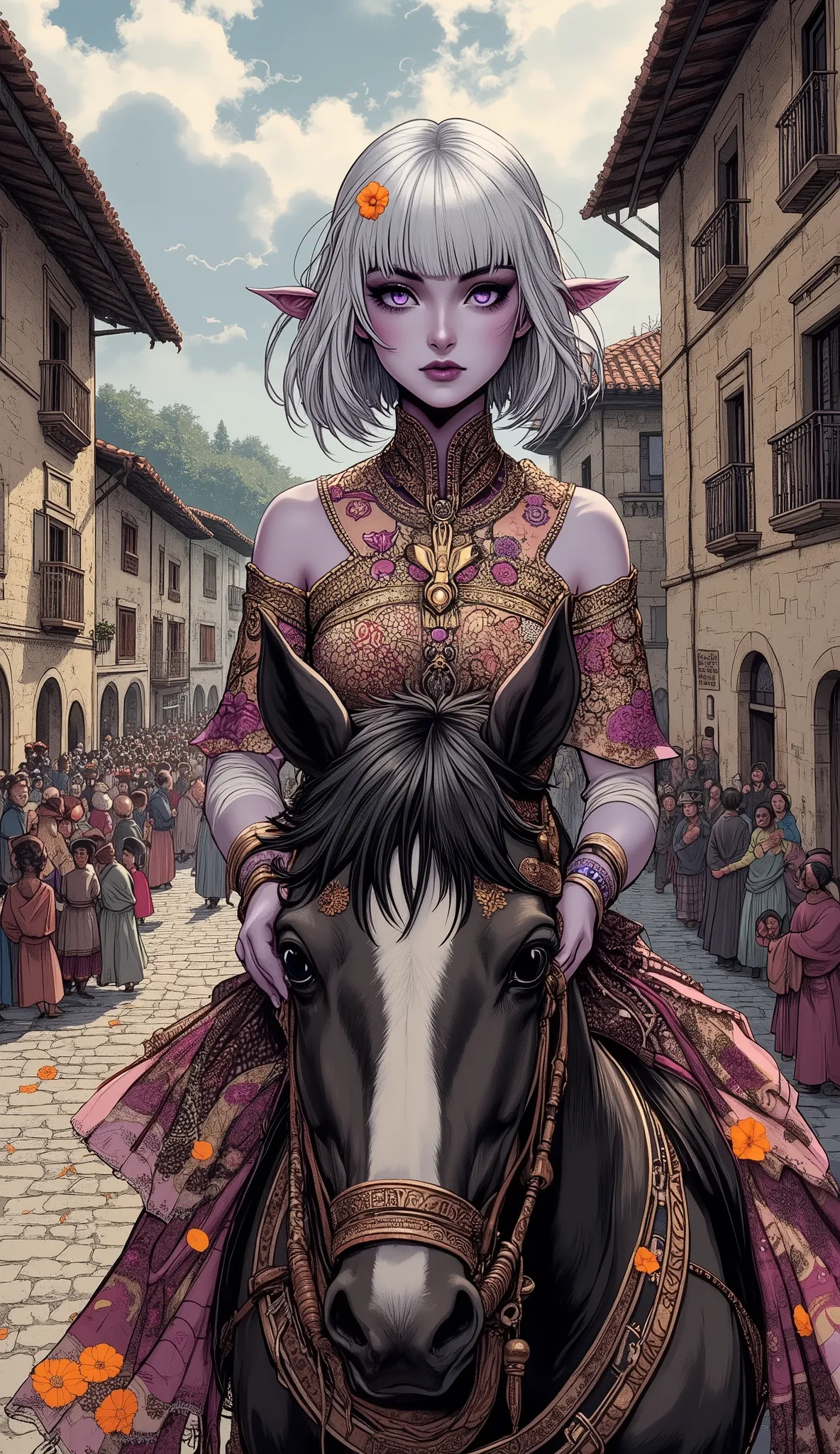 (A fusion of Ukiyo-e and dark fantasy. Aesthetic and gothic digital art. Draw a detailed face. Look away.) BREAK 
(White hair. Blunt bangs. White eyebrows. Long white eyelashes. Almond-shaped eyes. Lavender eyes. Dark, thick eyeliner. Small pink lips. Slig...