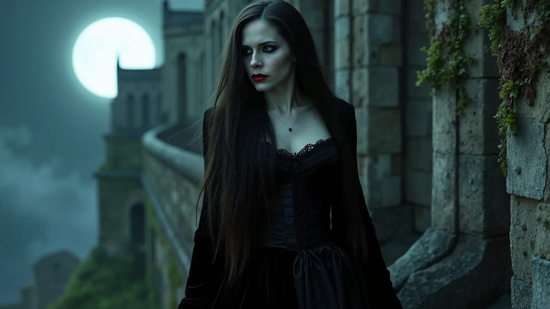 a captivating and eerie image of a stunning vampire, embodying the essence of power, sensuality, and danger. She walks gracefully along the tower of her ancient, haunted castle, bathed in the ethereal glow of a full moon. Her long, flowing dark hair cascad...