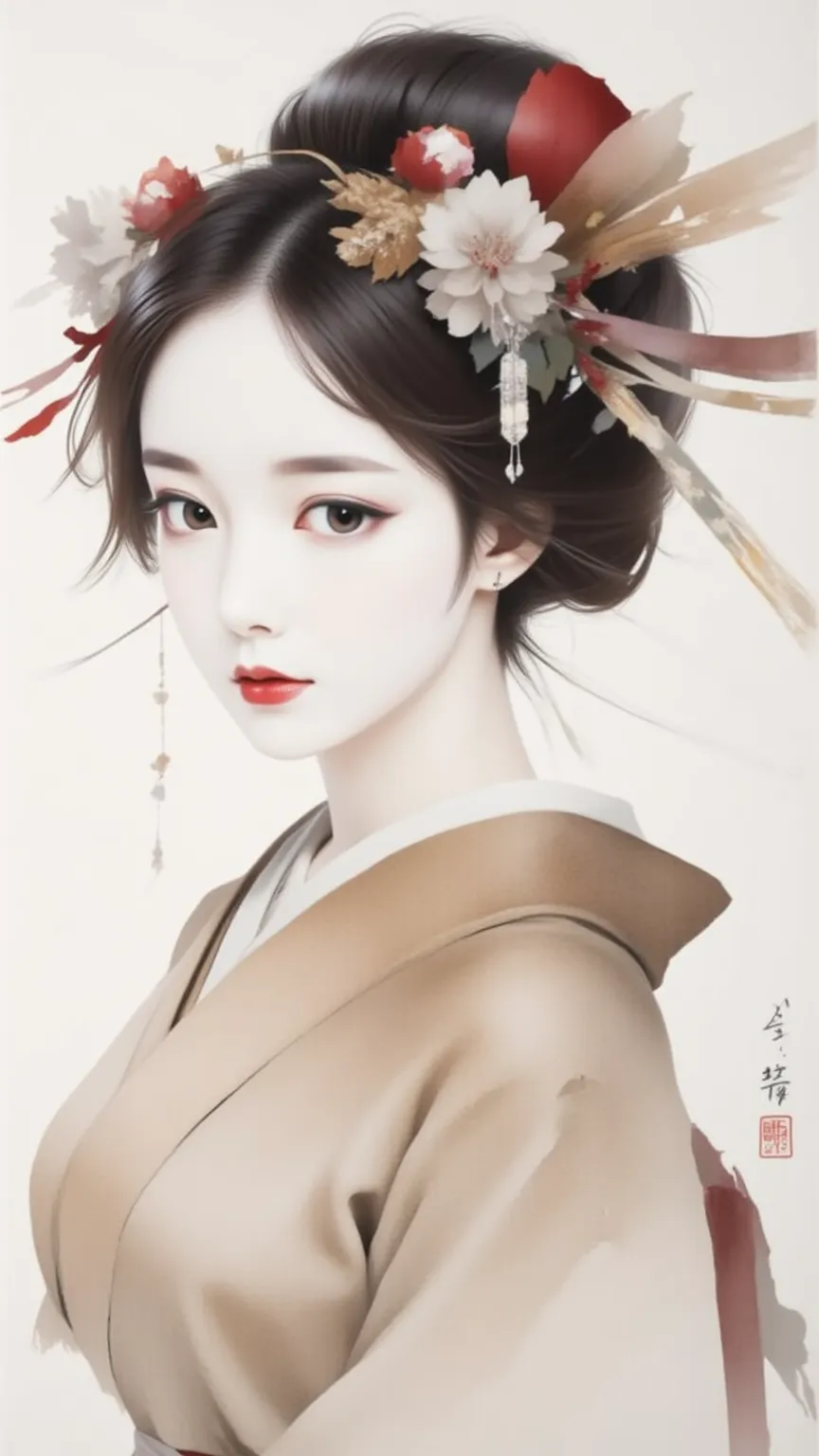 Japanese painting combined with the watercolor painting portrait of a maiko,portrait 