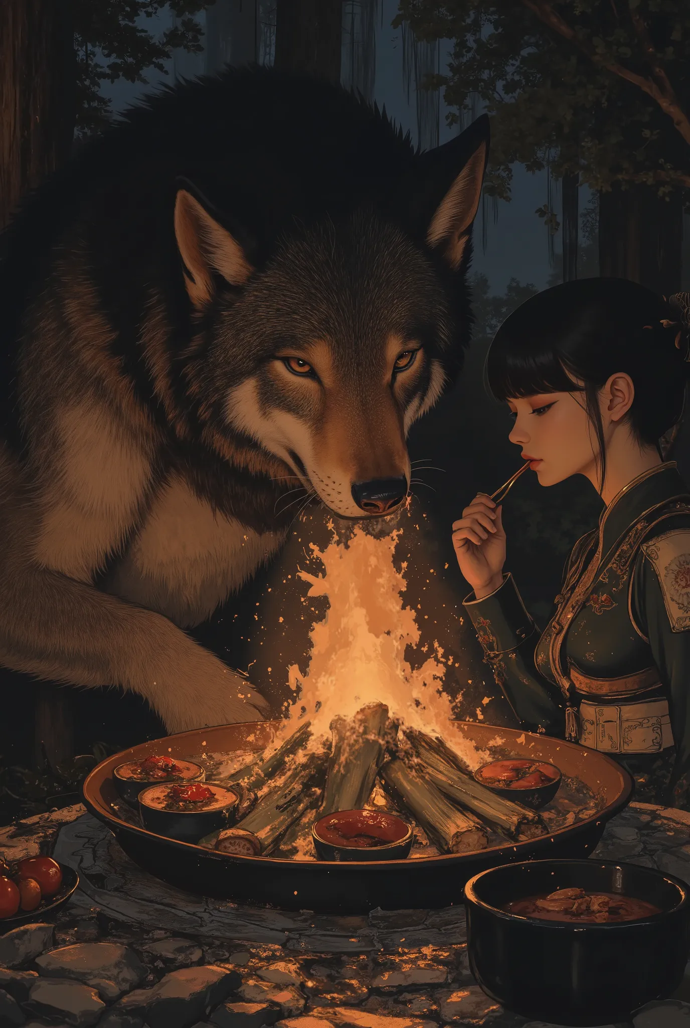 Oriental beauty with bangs and short black hair and a giant wolf are enjoying a meal around a bonfire