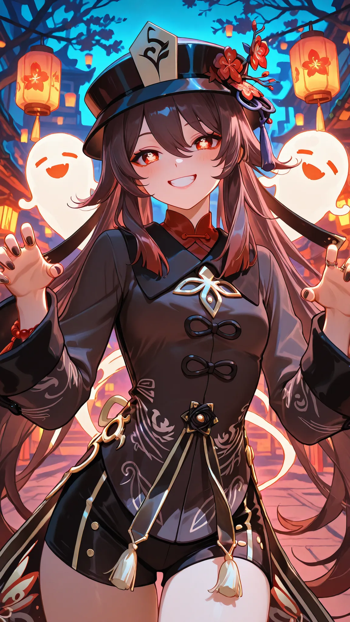 Hu Tao from Genshin Impact, playful ghostly pose, lantern-lit background, wearing her hat and smiling mischievously, vibrant and spooky atmosphere, anime art, 8k