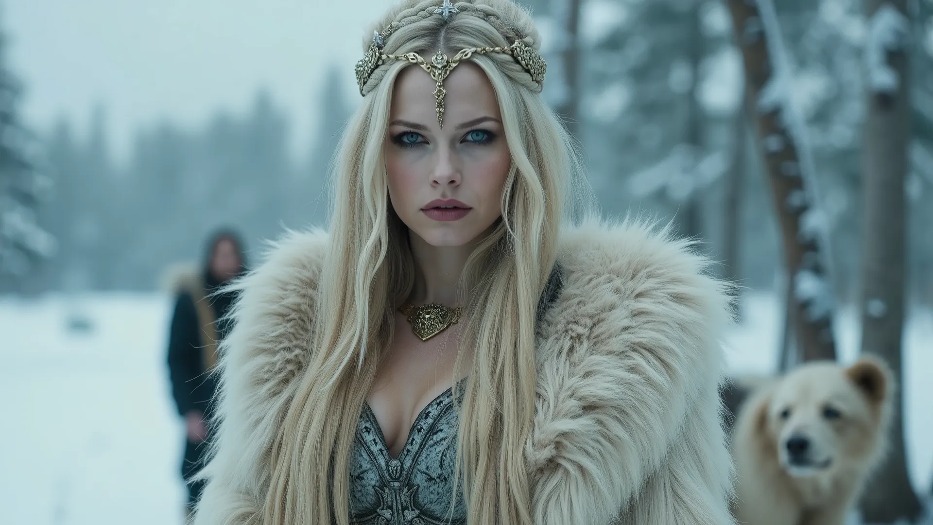 a photograph cinematic of a muscular yet feminine voluptous blonde viking goddess form exuding confidence and sensuality. she posses long silver hair with braids, deep blue eyes, red lips. She is wearing a long ehite bear coat, fur armor, boots, gold brace...