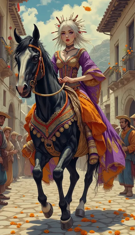 (A fusion of Ukiyo-e and dark fantasy. Aesthetic and gothic digital art. Draw a detailed face. Look away.) BREAK (White hair. Blunt bangs. White eyebrows. Long white eyelashes. Almond-shaped eyes. Lavender eyes. Dark, thick eyeliner. Small pink lips. Sligh...