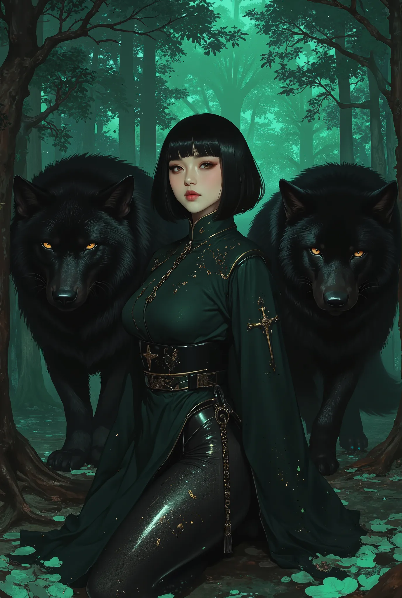 Oriental beauty with straight bangs, black hair, short bob, and a black wolf、The background is a beautiful deep green forest