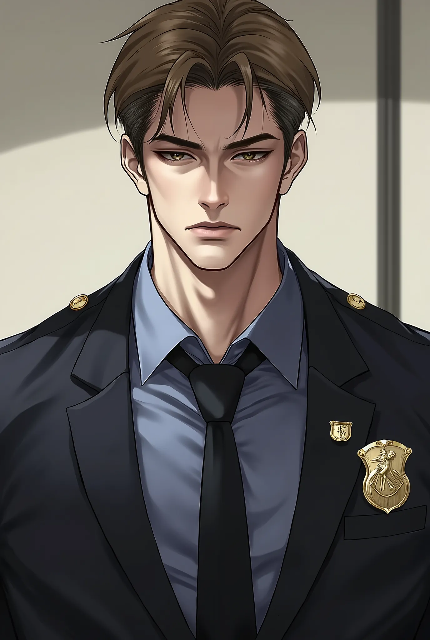  male、Light brown short hair、琥珀色の瞳、Beautiful、with a slightly rugged face、Tall and masculine physique、anime style illustration、Realistic Illustration、High Quality、standing in front of a mirror in the fitting room wearing an unfamiliar suit