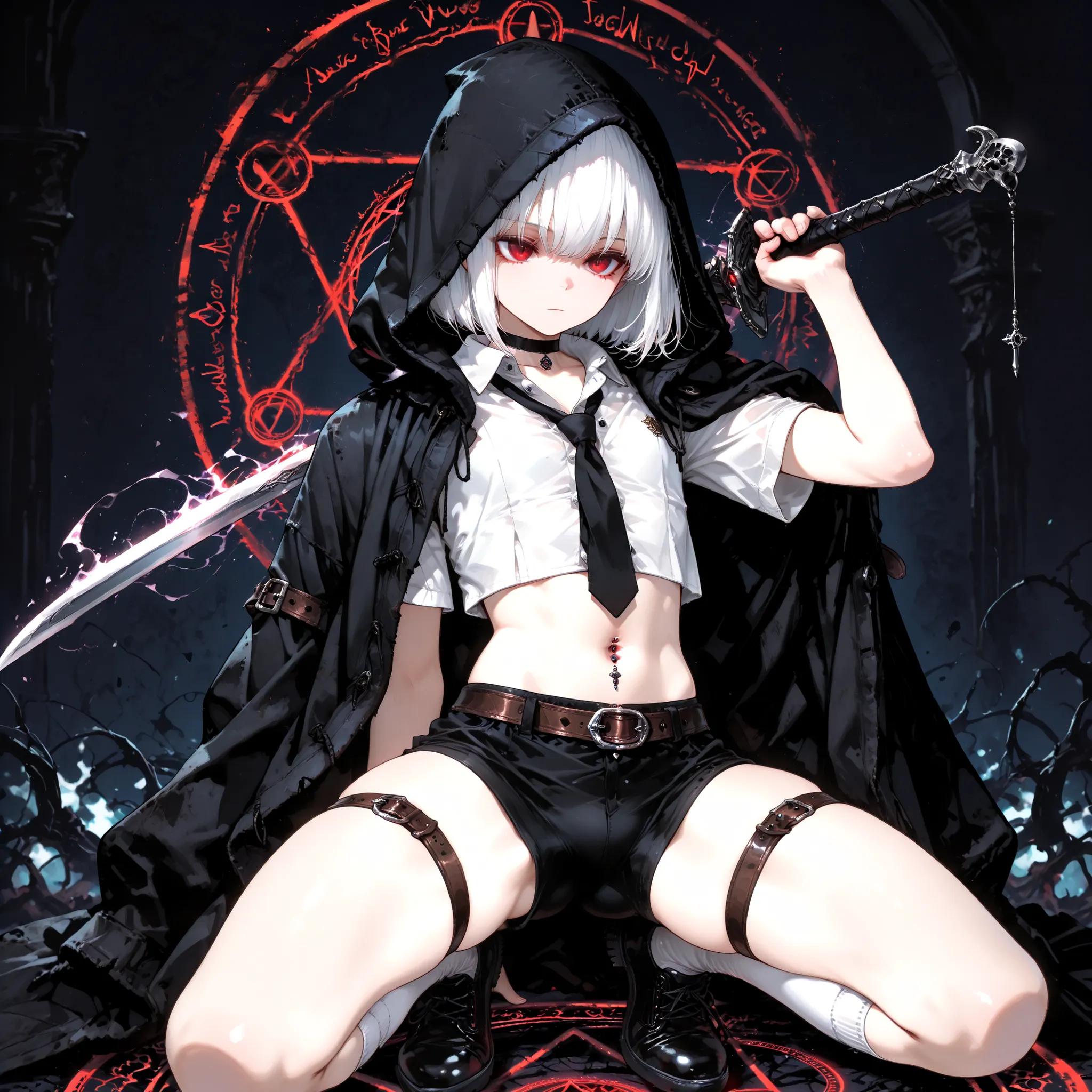 ((best quality)), ((masterpieces)), (detailed), perfect face, SOLO, ((((femboy)))), tomgirl, ANIME, beautiful detailed eyes, BOB hair, BOBed hair, white hair, RED EYES, expressionless, hooded, Magical Eyes, dark background, ((BLACK HOODED coat draped over ...