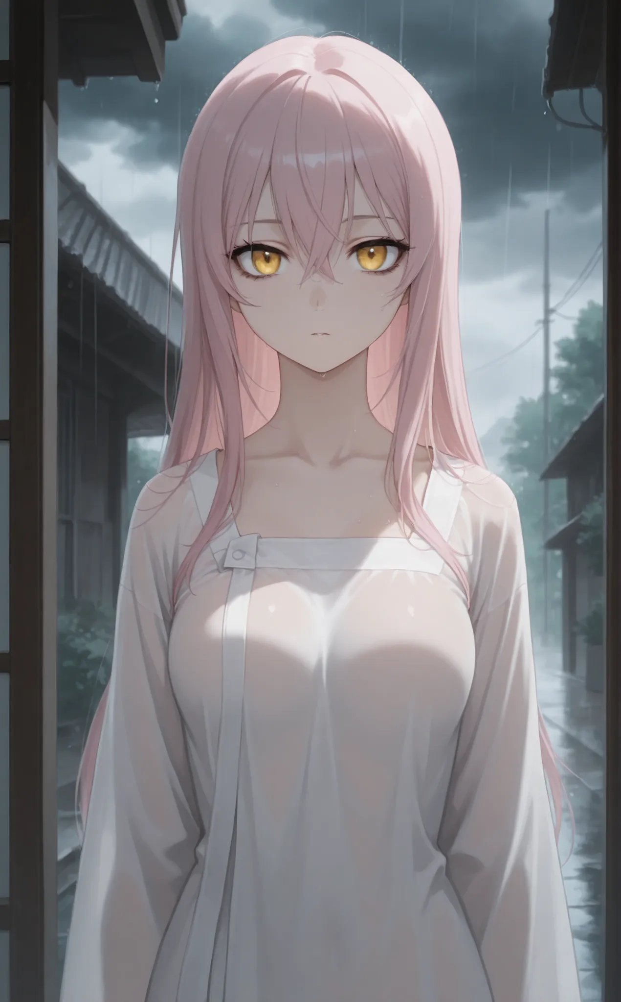 masterpiece, newest, Best Resolution, HD Quality, good lighting, safe. beautiful, adult, anime, good anatomy, .  Pale pink hair , Hair below the shoulders. Golden-yellow eyes, Sadness and loneliness. dark eyelashes, piel clara, slim build, Medium Breasts S...