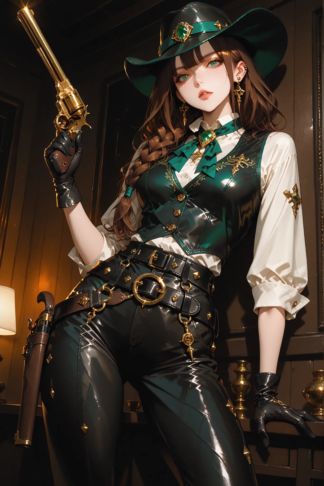 masterpiece, best quality, ultra detailed, 4k, sharp focus, vibrant colours, high contrast, newest, 1 divinely beautiful woman, piercing emerald green eyes, long dark brown wavy hair tied in a loose side braid, wearing a sleek emerald green western shirt w...