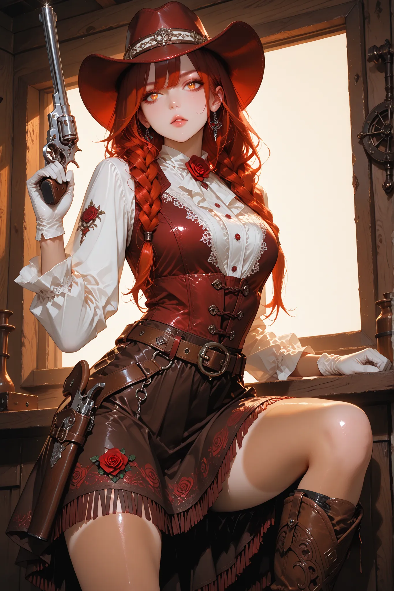masterpiece, best quality, ultra detailed, 4k, sharp focus, vibrant colours, high contrast, newest, 1 divinely beautiful woman, striking amber eyes, shoulder-length copper red hair with loose curls, wearing a deep rose-red tailored waistcoat over a crisp w...