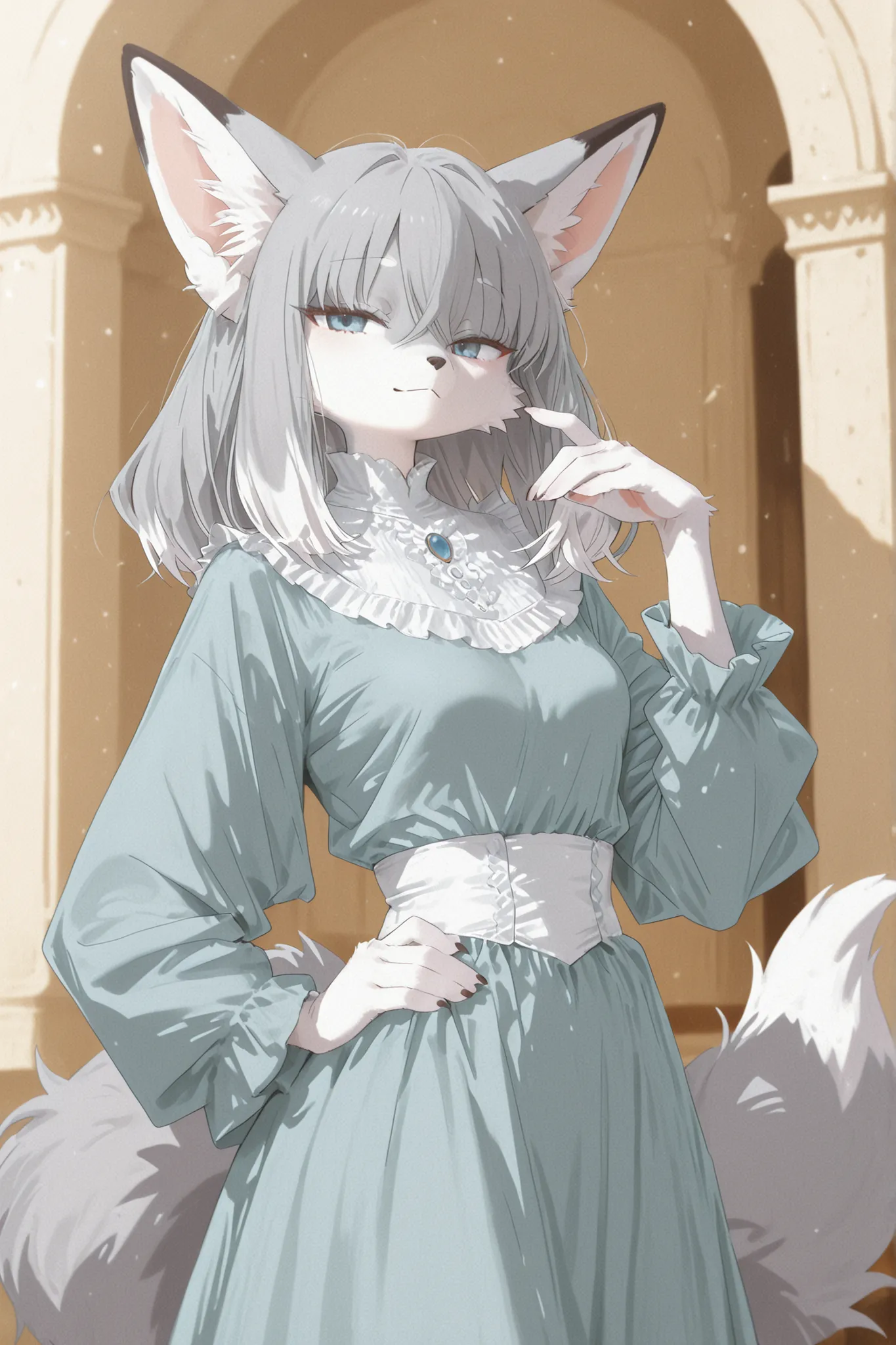 Kemono,Kemono style, furry female fox character, medium length soft hair, soft gray fur, fantasy style gown, blue eyes, fluffy fox tail, elegant hand raised pose, detailed illustration, high quality, digital art,