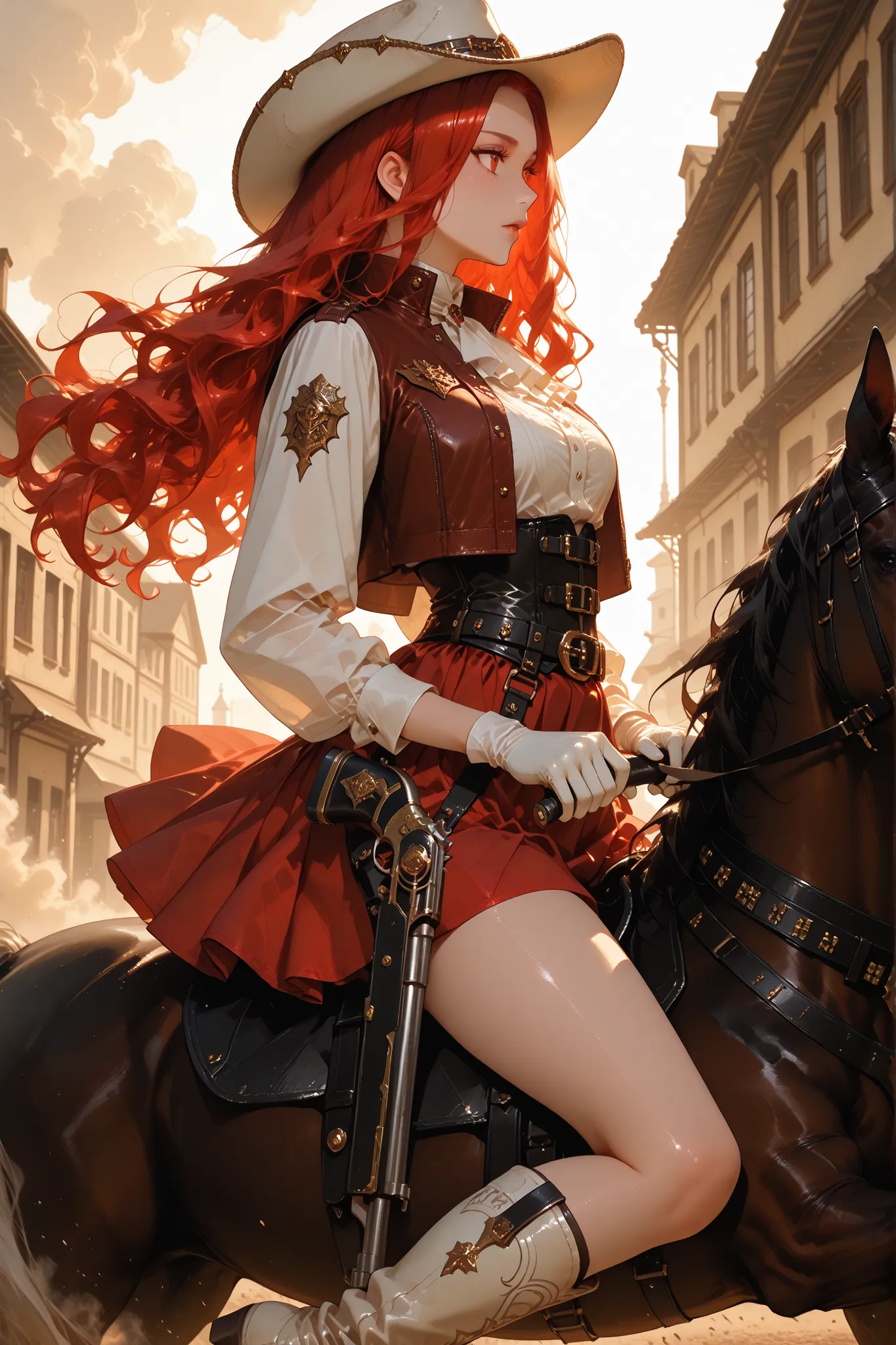 masterpiece, best quality, ultra detailed, 4k, sharp focus, vibrant colours, high contrast, newest, 1 divinely beautiful woman, long wavy hair, wearing a wide-brimmed white cowboy hat, bright red cropped western jacket, grilled white blouse with a high col...