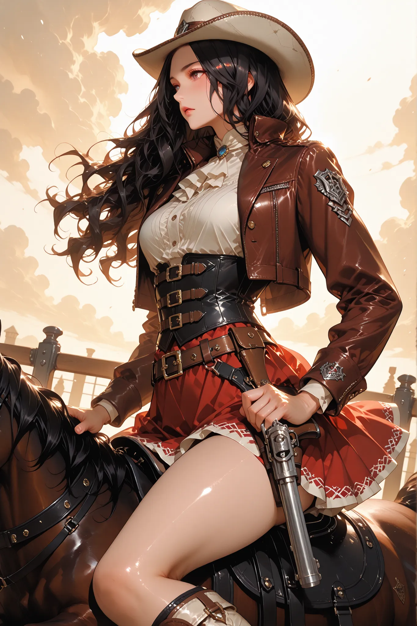 masterpiece, best quality, ultra detailed, 4k, sharp focus, vibrant colours, high contrast, newest, 1 divinely beautiful woman, long wavy hair, wearing a wide-brimmed white cowboy hat, bright red cropped western jacket, grilled white blouse with a high col...