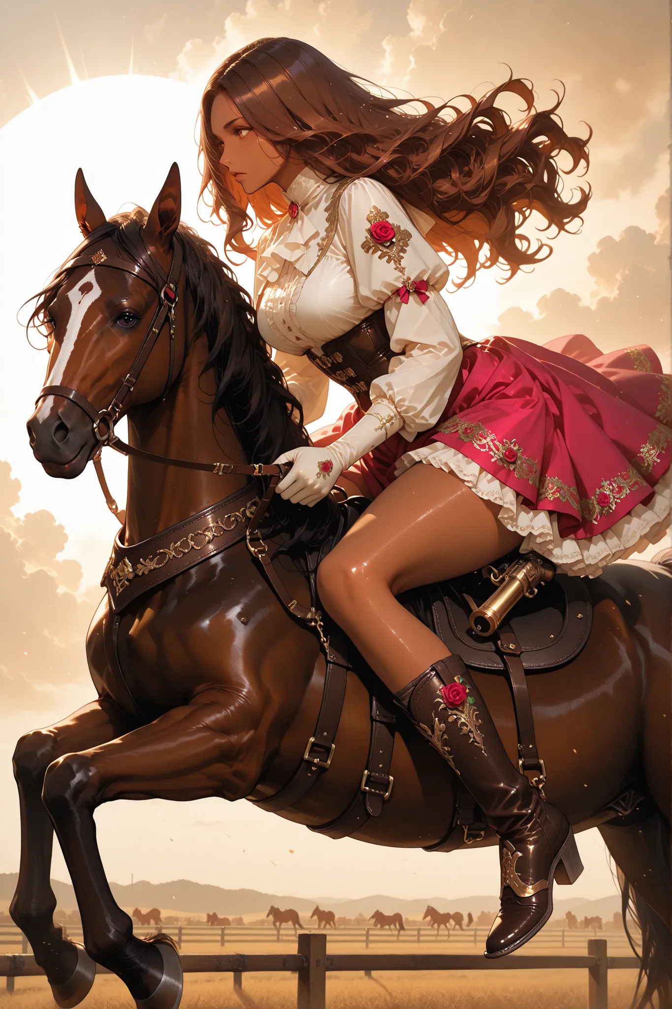 masterpiece, best quality, ultra detailed, 4k, sharp focus, vibrant colours, high contrast, newest, 1 divinely beautiful woman, warm hazel eyes, long wavy chestnut brown hair with loose curls, wearing a soft rose pink cropped western jacket with gold embro...