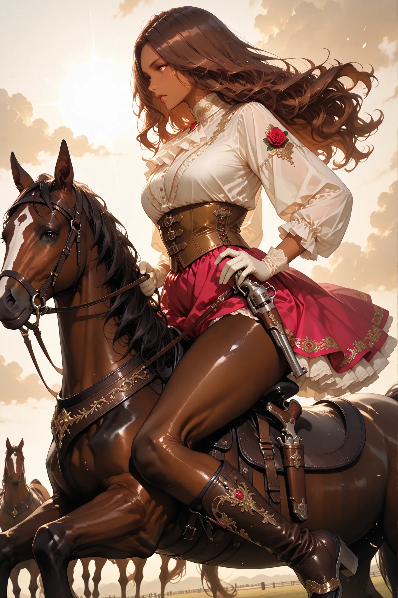 masterpiece, best quality, ultra detailed, 4k, sharp focus, vibrant colours, high contrast, newest, 1 divinely beautiful woman, warm hazel eyes, long wavy chestnut brown hair with loose curls, wearing a soft rose pink cropped western jacket with gold embro...