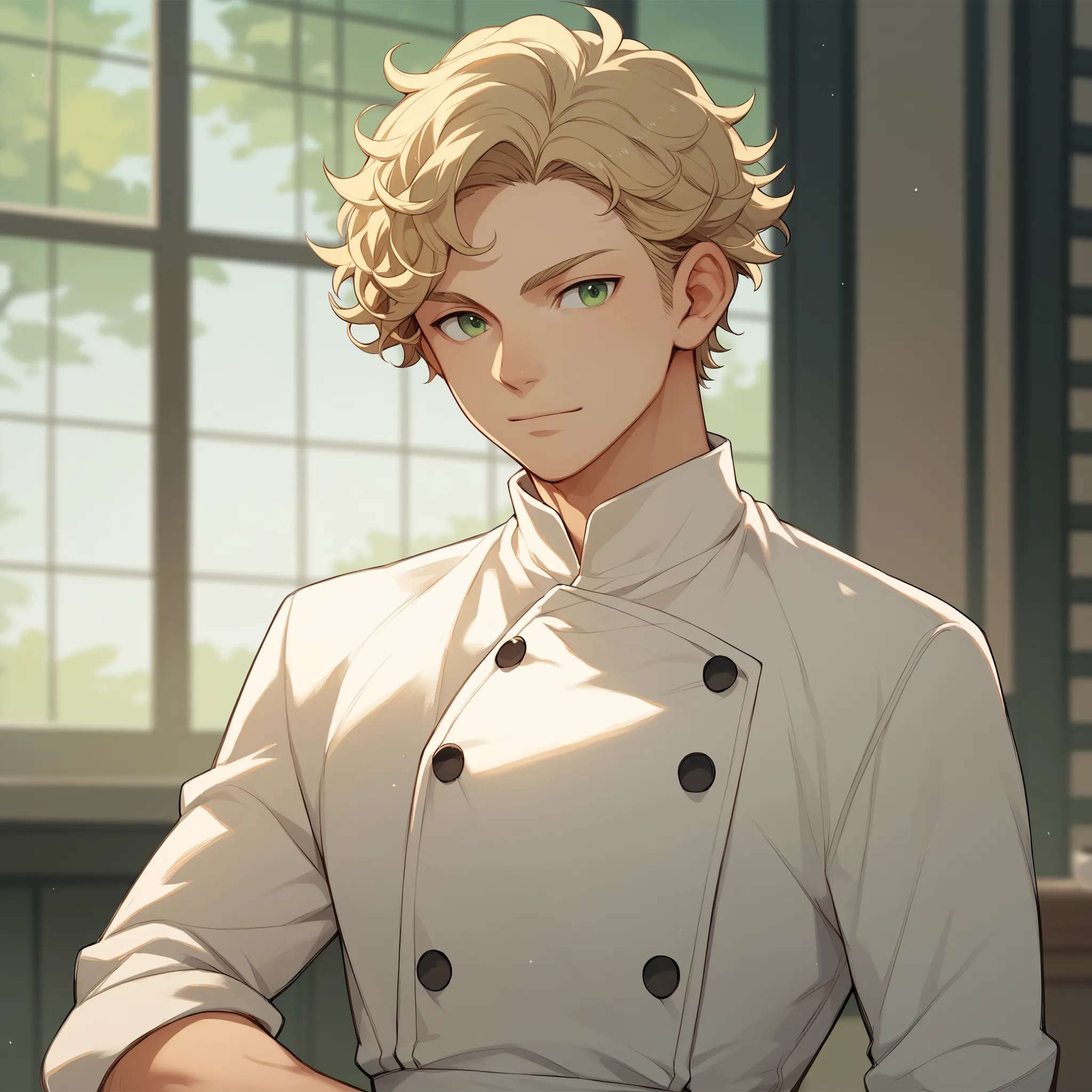 (digital art) (masterpiece) (best quality) (perfect anatomy), male, anime style, wearing chef uniform, pale blonde hair, short curly hairstyle, green eyes, male, 1guy, casual pose,