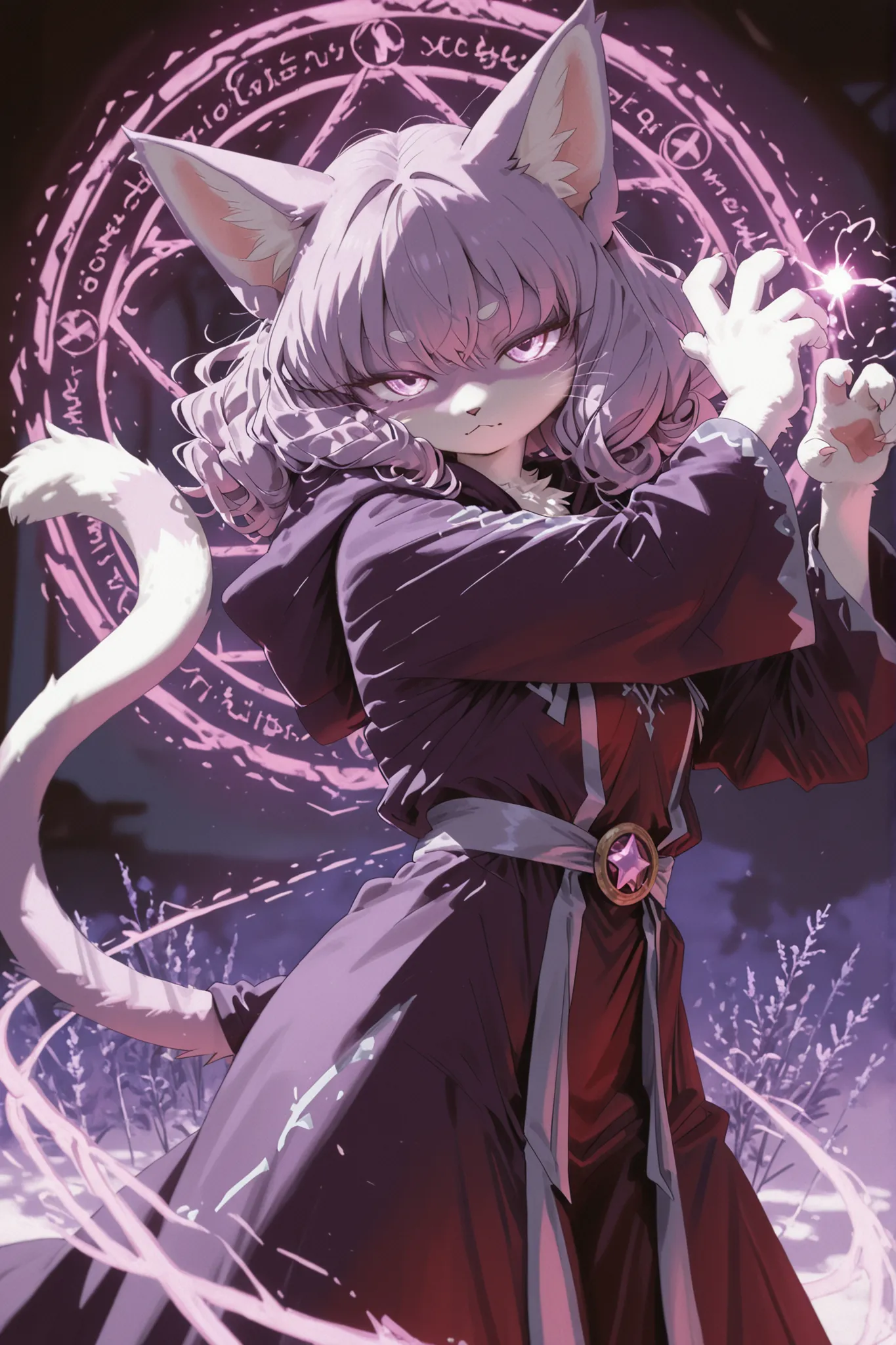 Kemono,Kemono style, furry female cat character, long curly hair, light cream fur, fantasy mage robe, lavender eyes, thick curled cat tail, casting magic circle pose, glowing effects, soft lighting, highly detailed illustration,