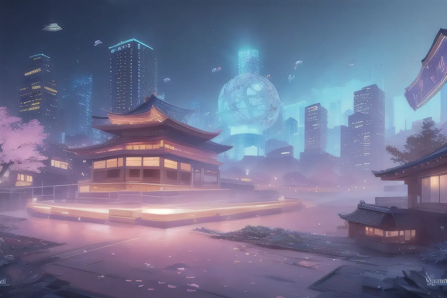 A surreal landscape divided into two realms under a starlit sky. On the right side, a glowing bioluminescent garden encased in a transparent biodome filled with luminous plants, butterflies, and futuristic flora. The dome reflects softly on a tranquil stre...